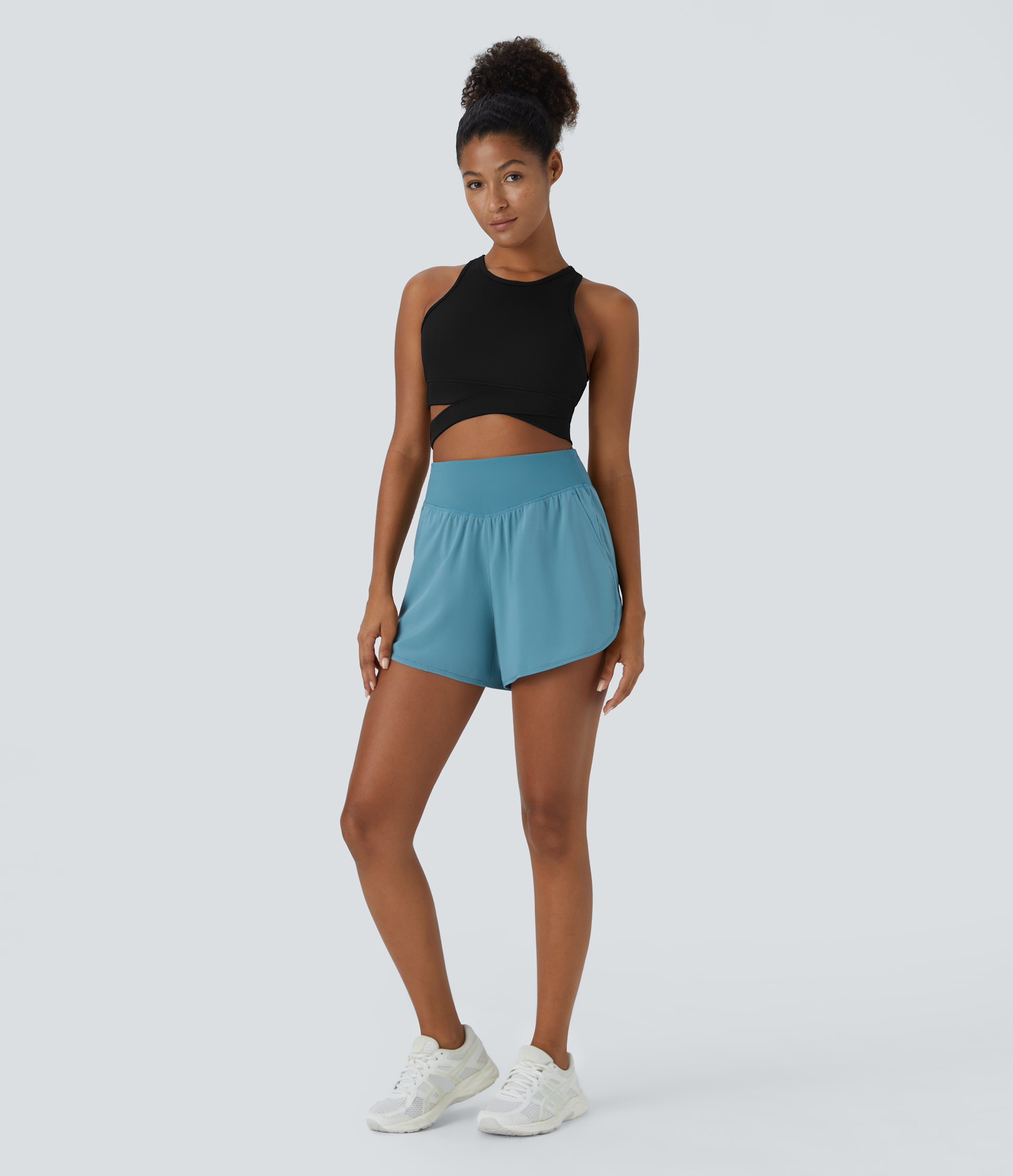 Halara Round Neck Crossover Hem Cut Out Cropped Yoga Sports Top  - Black - L 