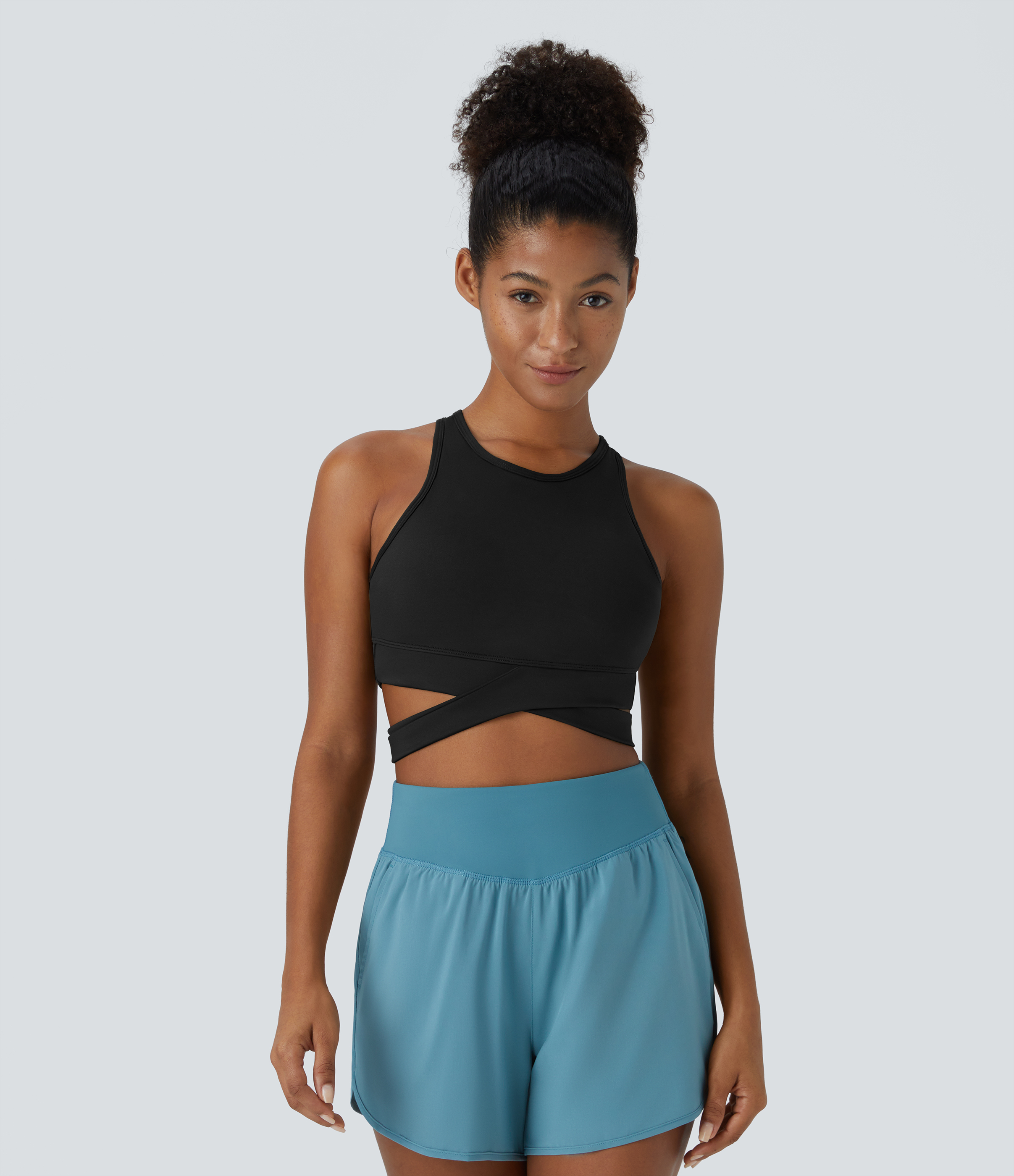 Halara Round Neck Crossover Hem Cut Out Cropped Yoga Sports Top  - Black - L 