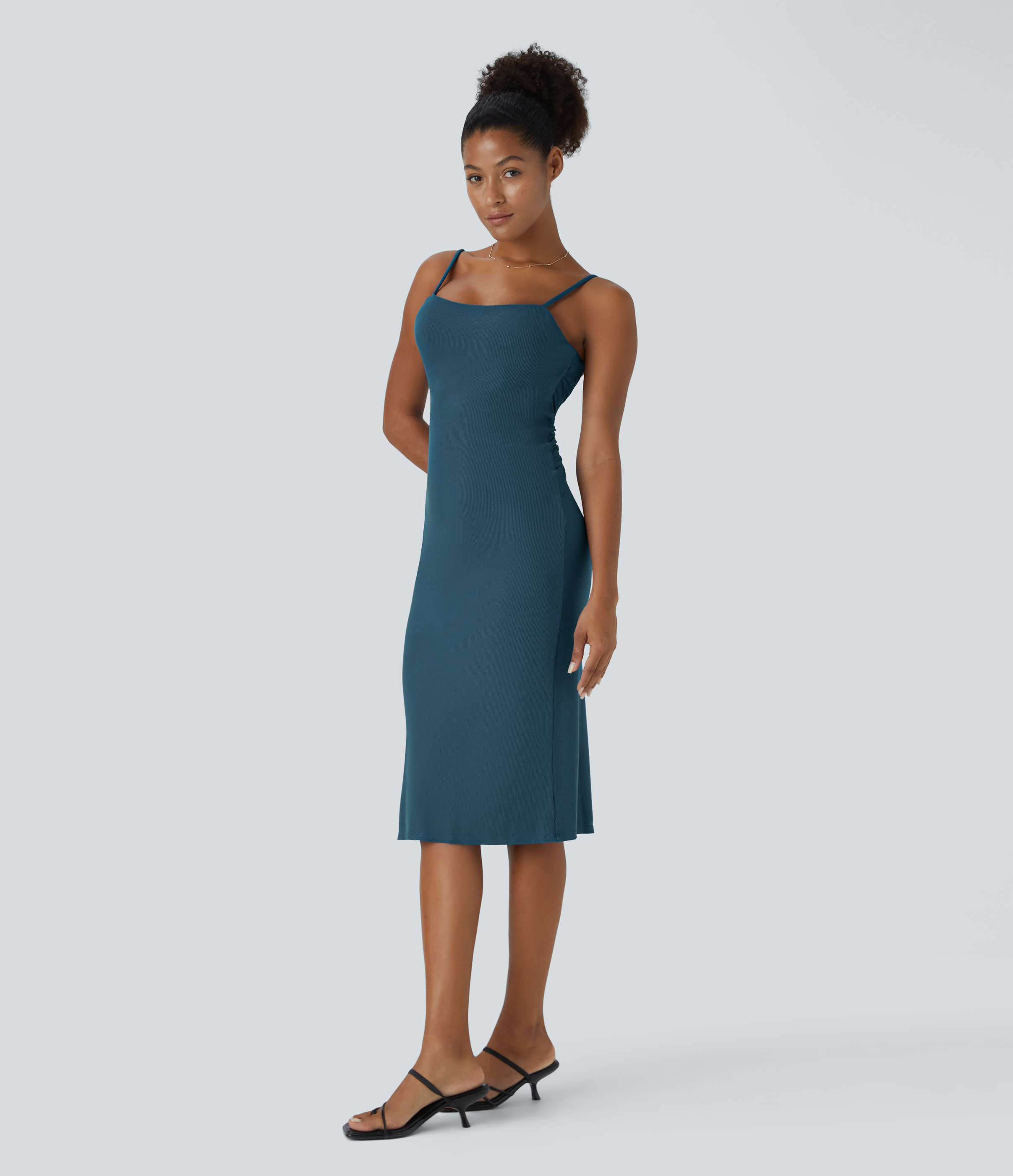 Halara Ribbed Knit Backless Twisted Bodycon Midi Casual Dress Casual Dress - Deep Dive - S slip dress beach dress ruched dress halter dress 