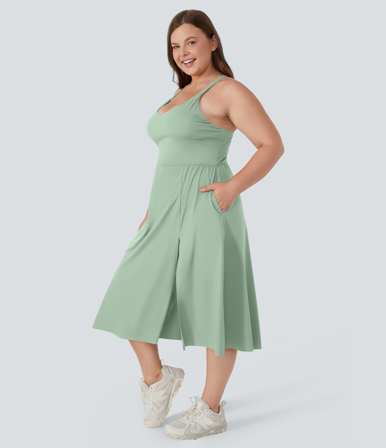 Halara Everyday Plus Size Midi Chill Dress-La Land  - Light Bean Green - 3X 