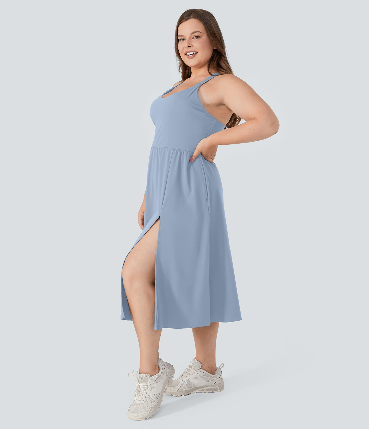 Halara Everyday Plus Size Midi Chill Dress-La Land  - Light Grey Blue - 1X 