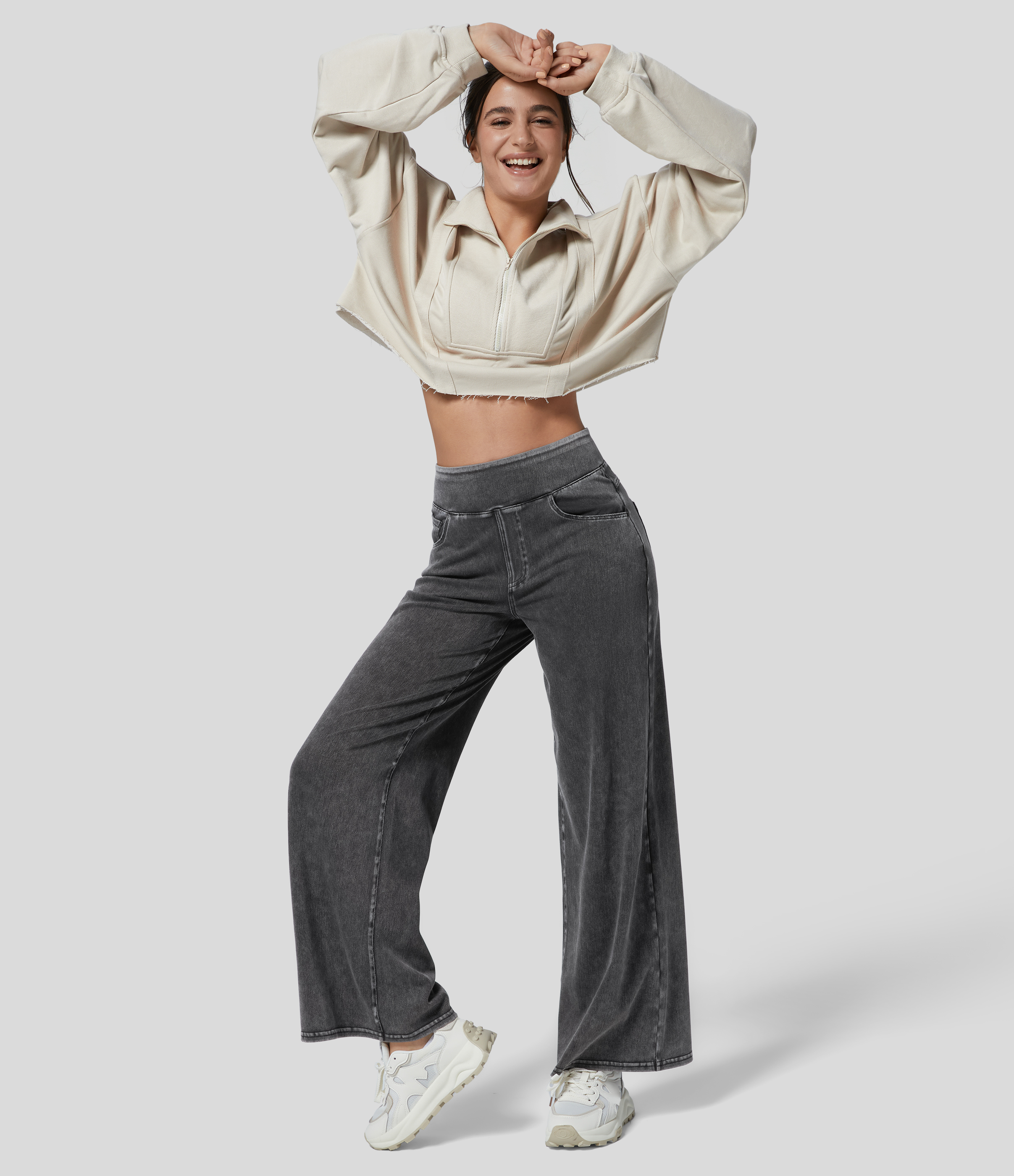 Halara HalaraMagicв„ў High Waisted Multiple Pockets Wide Leg Loose Stretchy Work Jeans  - Dark Grey Denim - XS(tall) sweatpants jogger pants 