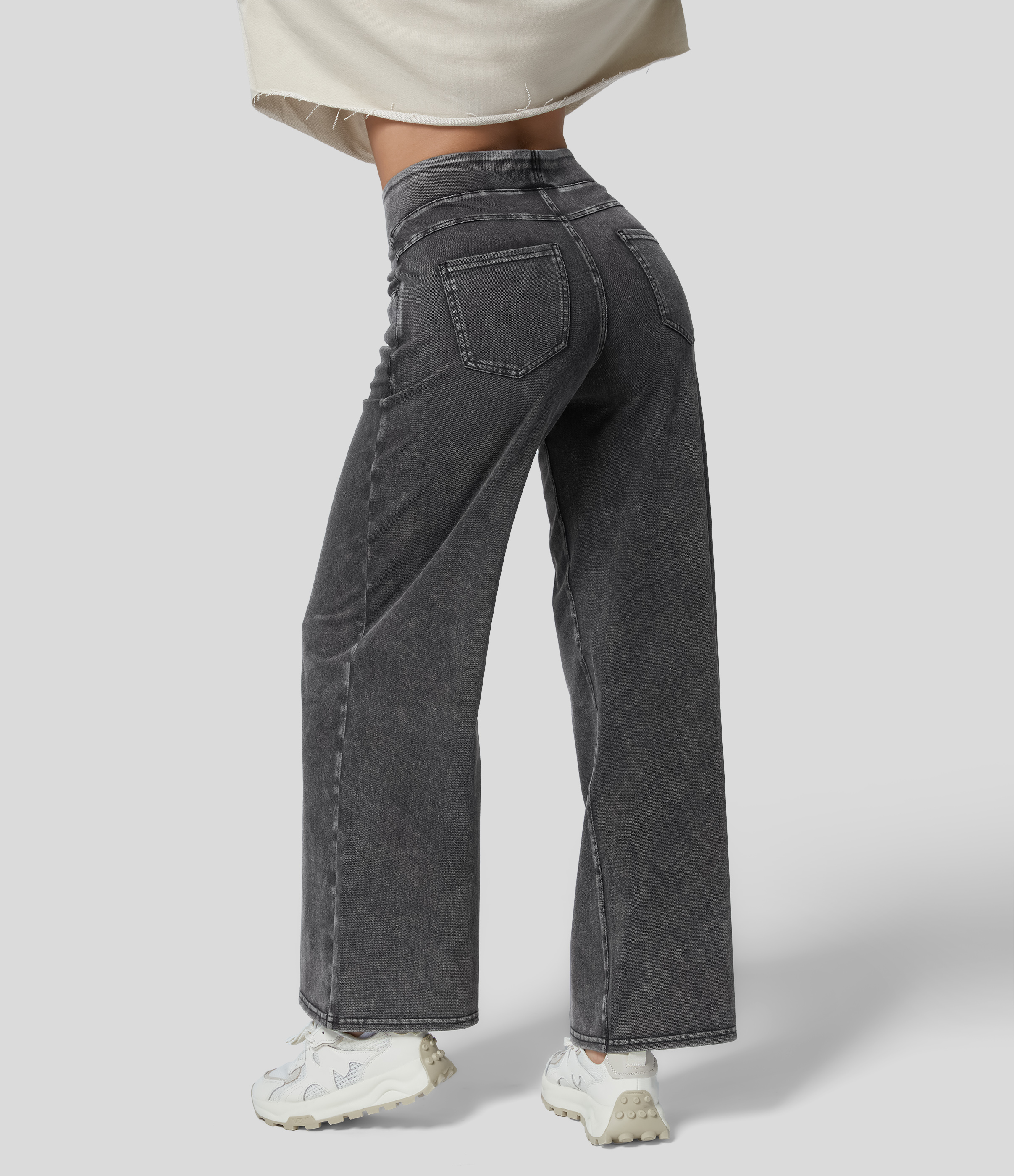 Halara HalaraMagicв„ў High Waisted Multiple Pockets Wide Leg Loose Stretchy Work Jeans  - Dark Grey Denim - XS(tall) sweatpants jogger pants 