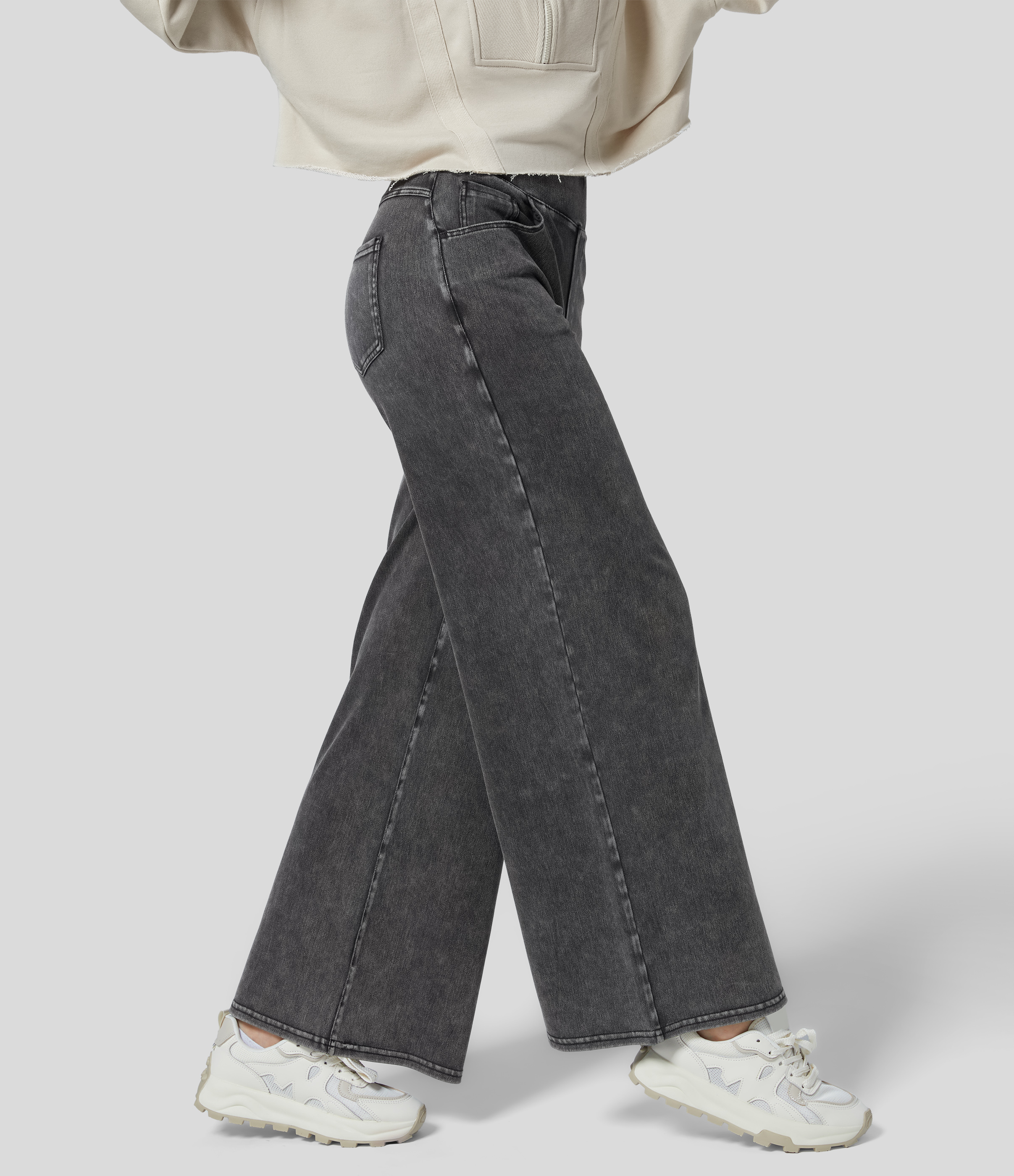 Halara HalaraMagicв„ў High Waisted Multiple Pockets Wide Leg Loose Stretchy Work Jeans  - Dark Grey Denim - XS(tall) sweatpants jogger pants 