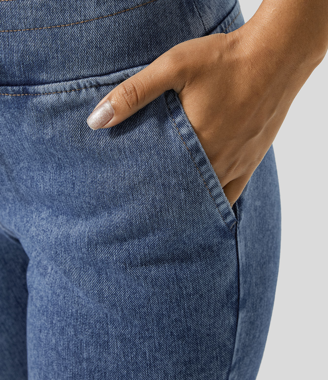 Halara HalaraMagicв„ў High Waisted Drawstring Side Pocket Washed Stretchy Knit Denim Casual Joggers  - Washed Denim Lake Blue - M 