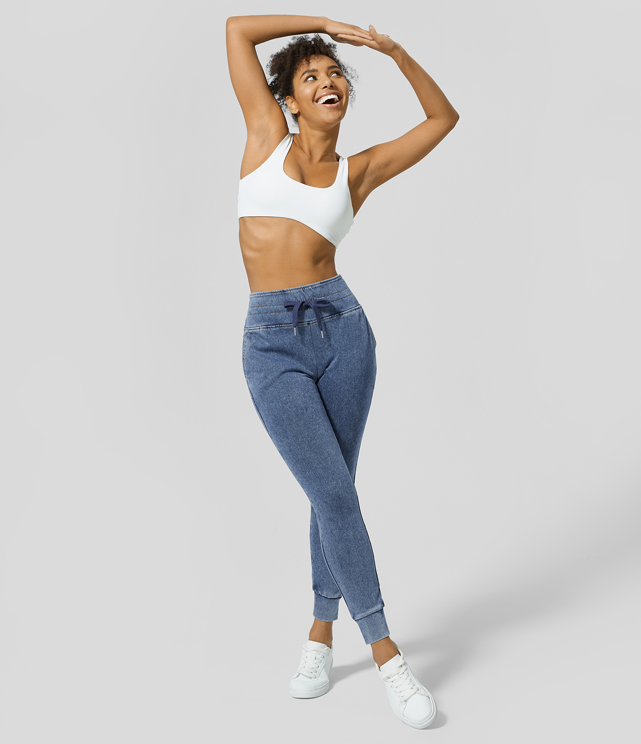 Halara HalaraMagicв„ў High Waisted Drawstring Side Pocket Washed Stretchy Knit Denim Casual Joggers  - Washed Denim Lake Blue - M 