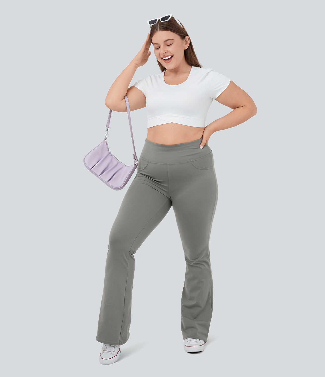 Halara High Waisted Back Pocket Flare Yoga Plus Size Leggings  - Silent Storm - 1X(regular) 