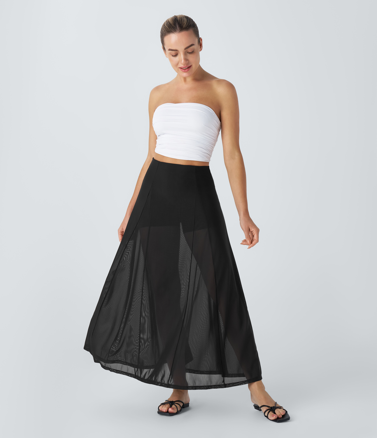 Halara High Waisted Sheer Mesh 2-in-1 Maxi Casual Flare Skirt  - Black - S(regular) 