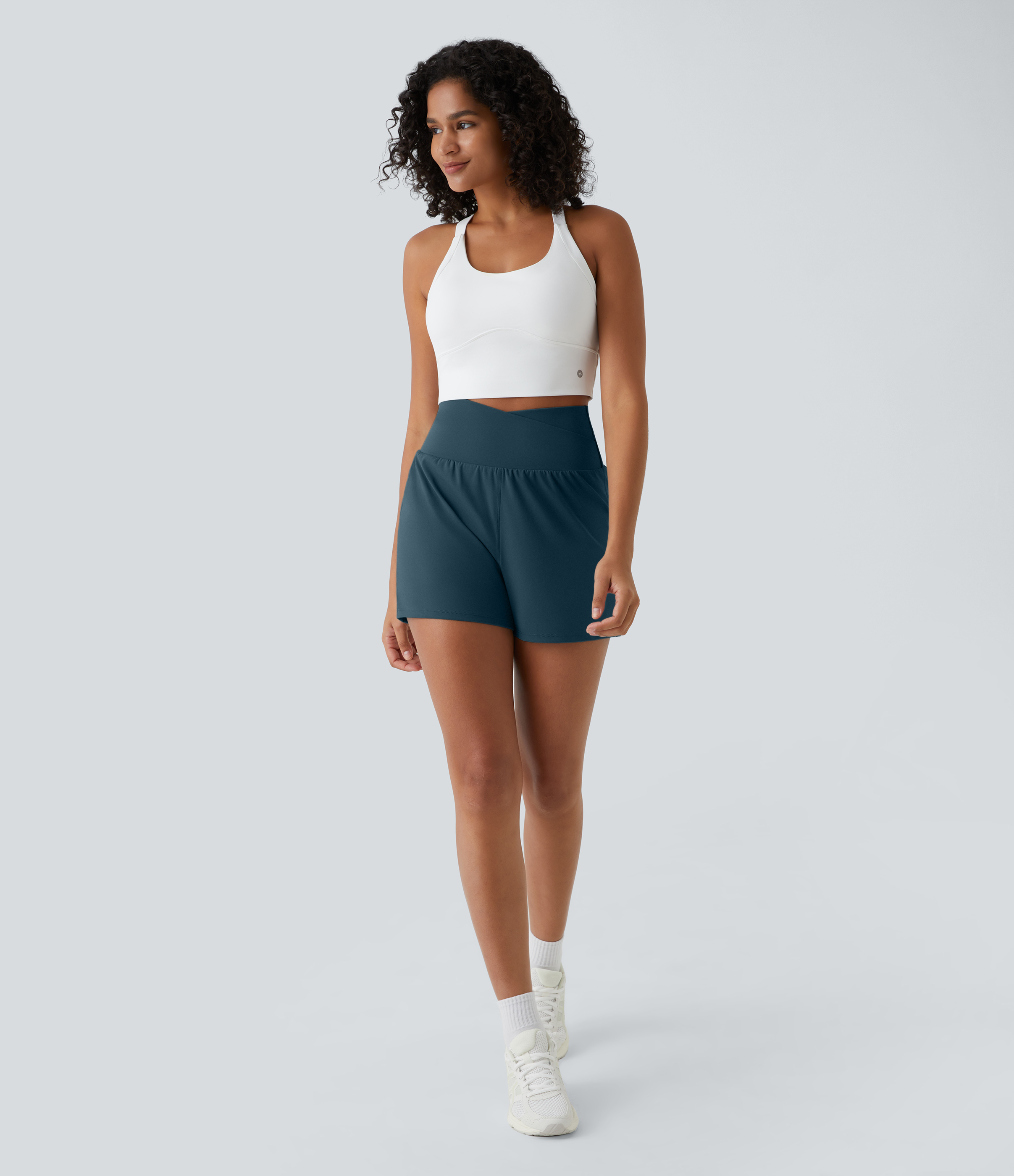 Halara High Waisted Crossover Side Pocket 2-in-1 Casual Shorts Gym Short - Majolica Blue - L booty shorts compression shorts yoga shorts 