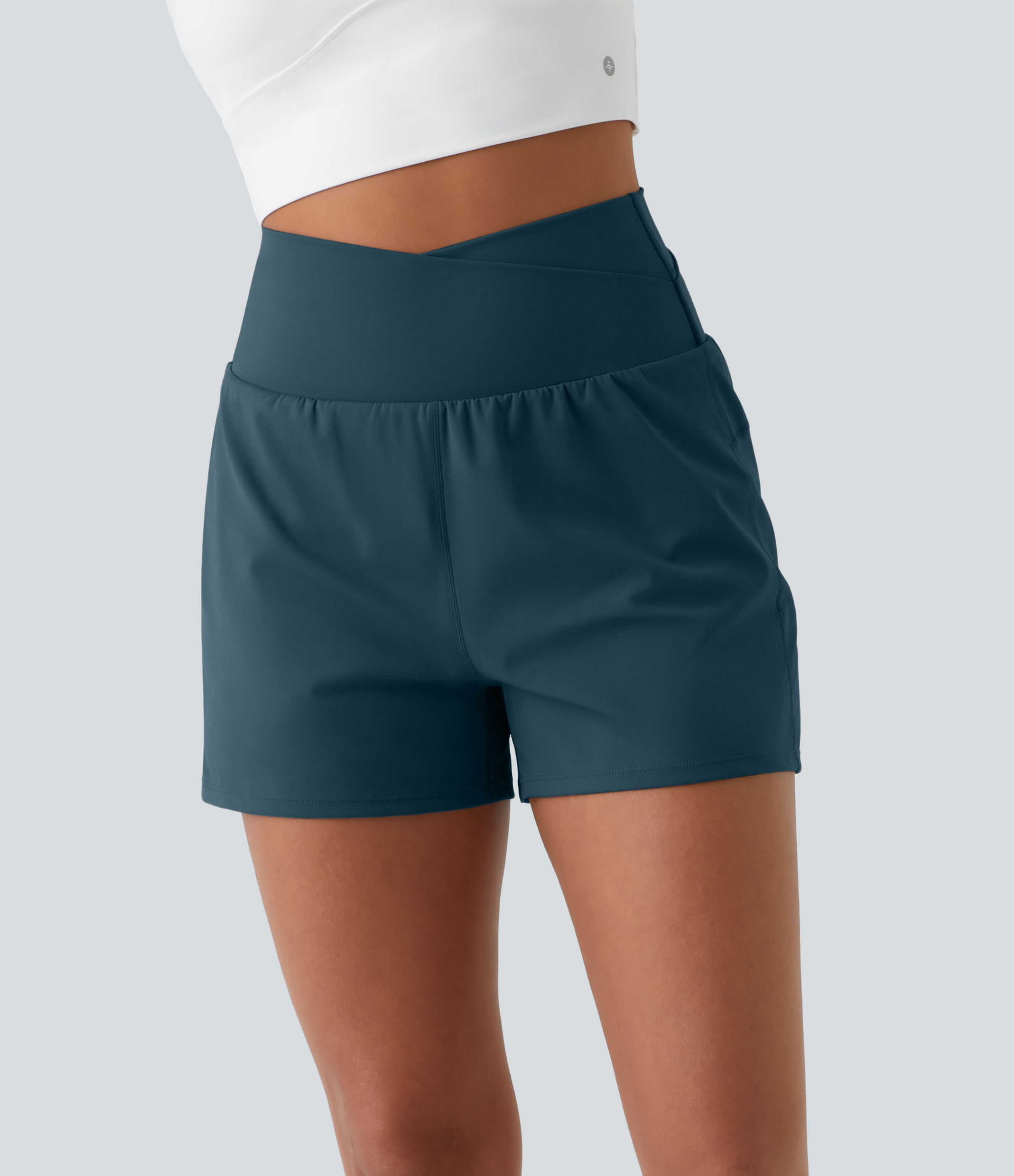 Halara High Waisted Crossover Side Pocket 2-in-1 Casual Shorts Gym Short - Majolica Blue - L booty shorts compression shorts yoga shorts 