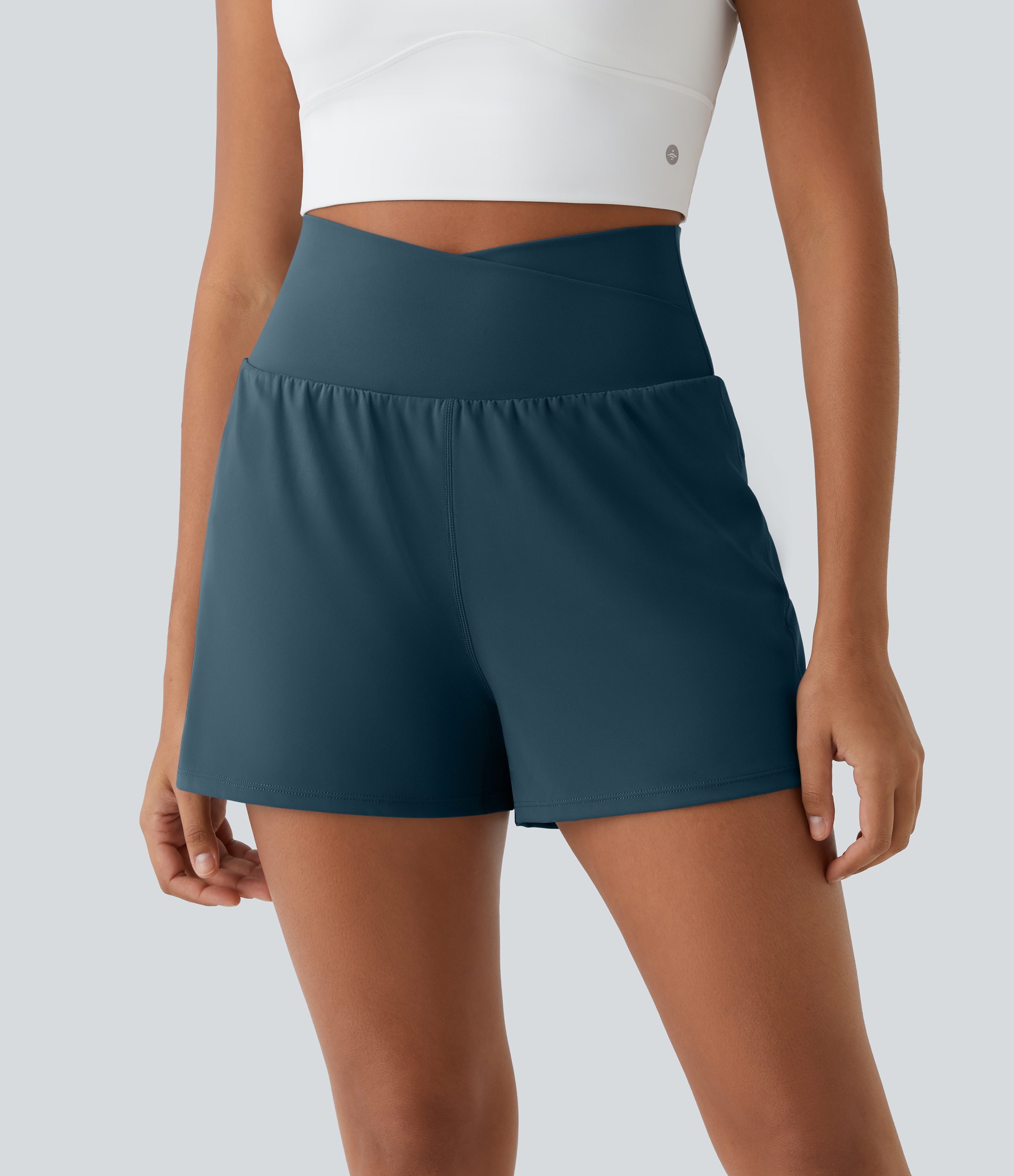 Halara High Waisted Crossover Side Pocket 2-in-1 Casual Shorts Gym Short - Majolica Blue - L booty shorts compression shorts yoga shorts 