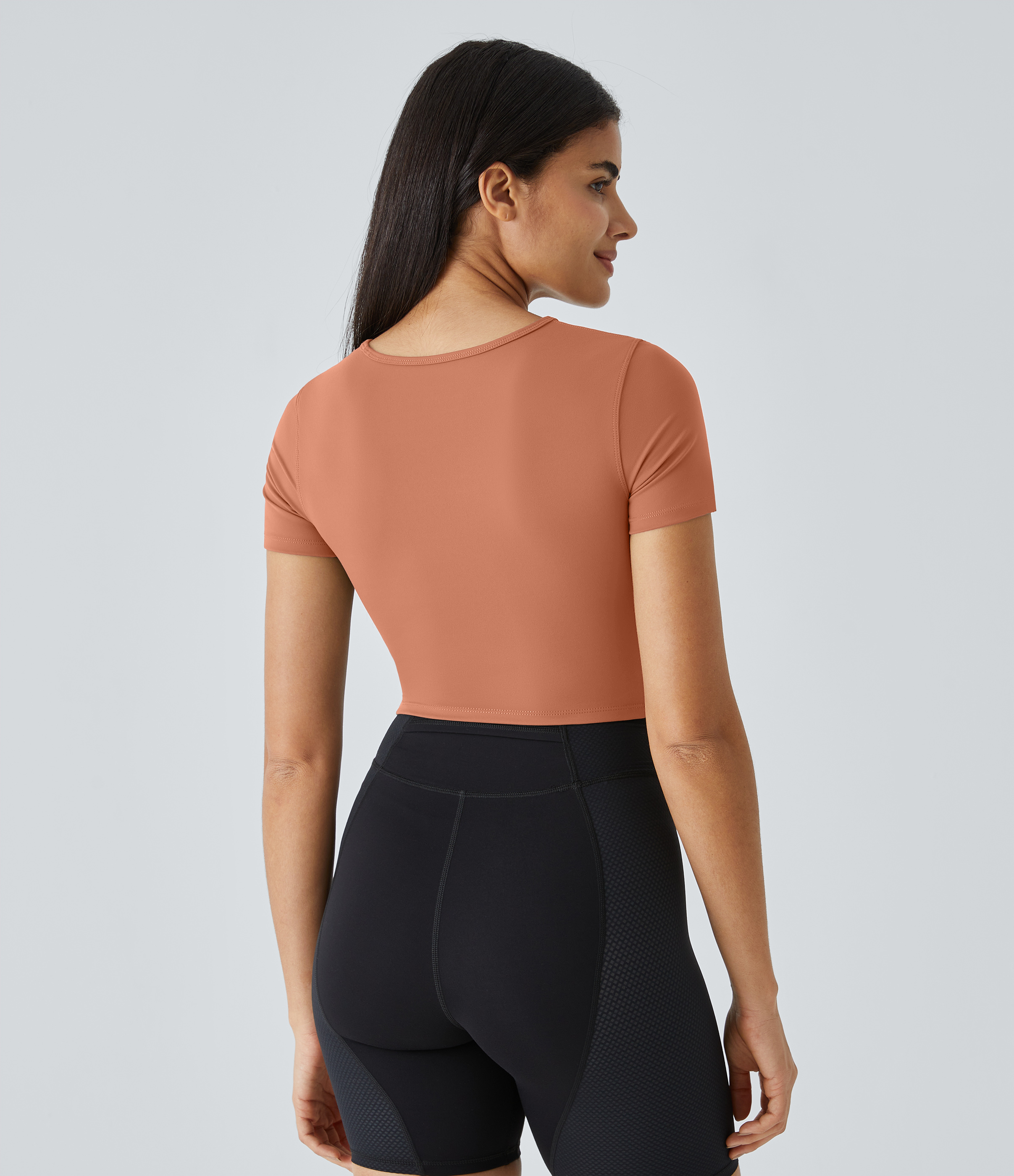 Halara Cloudfulв„ў Fabric Round Neck Cut Out Short Sleeve Cropped Barre Ballet Dance Sports Top  - Sun Baked - XL 