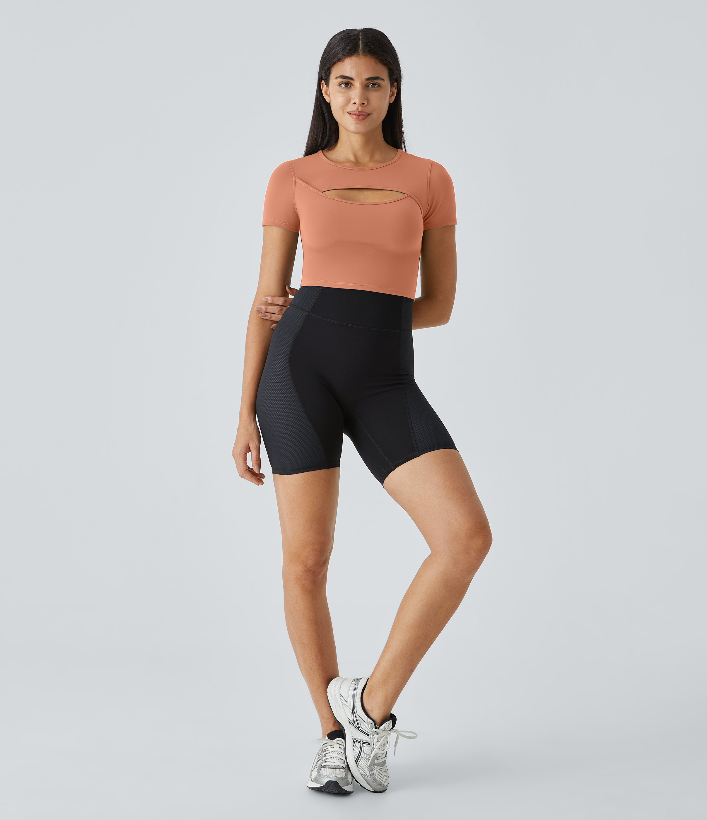 Halara Cloudfulв„ў Fabric Round Neck Cut Out Short Sleeve Cropped Barre Ballet Dance Sports Top  - Sun Baked - XL 