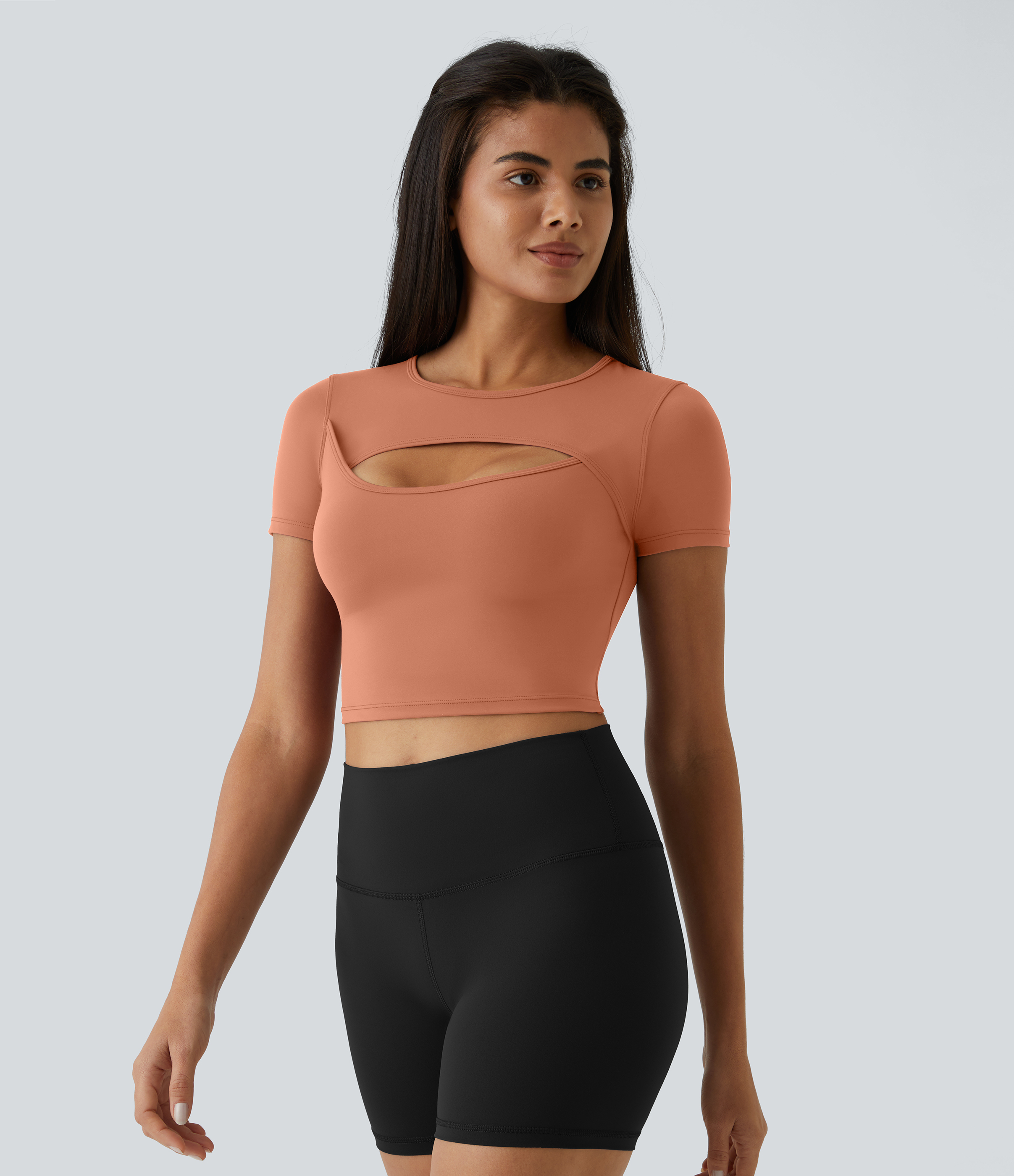 Halara Cloudfulв„ў Fabric Round Neck Cut Out Short Sleeve Cropped Barre Ballet Dance Sports Top  - Sun Baked - XL 