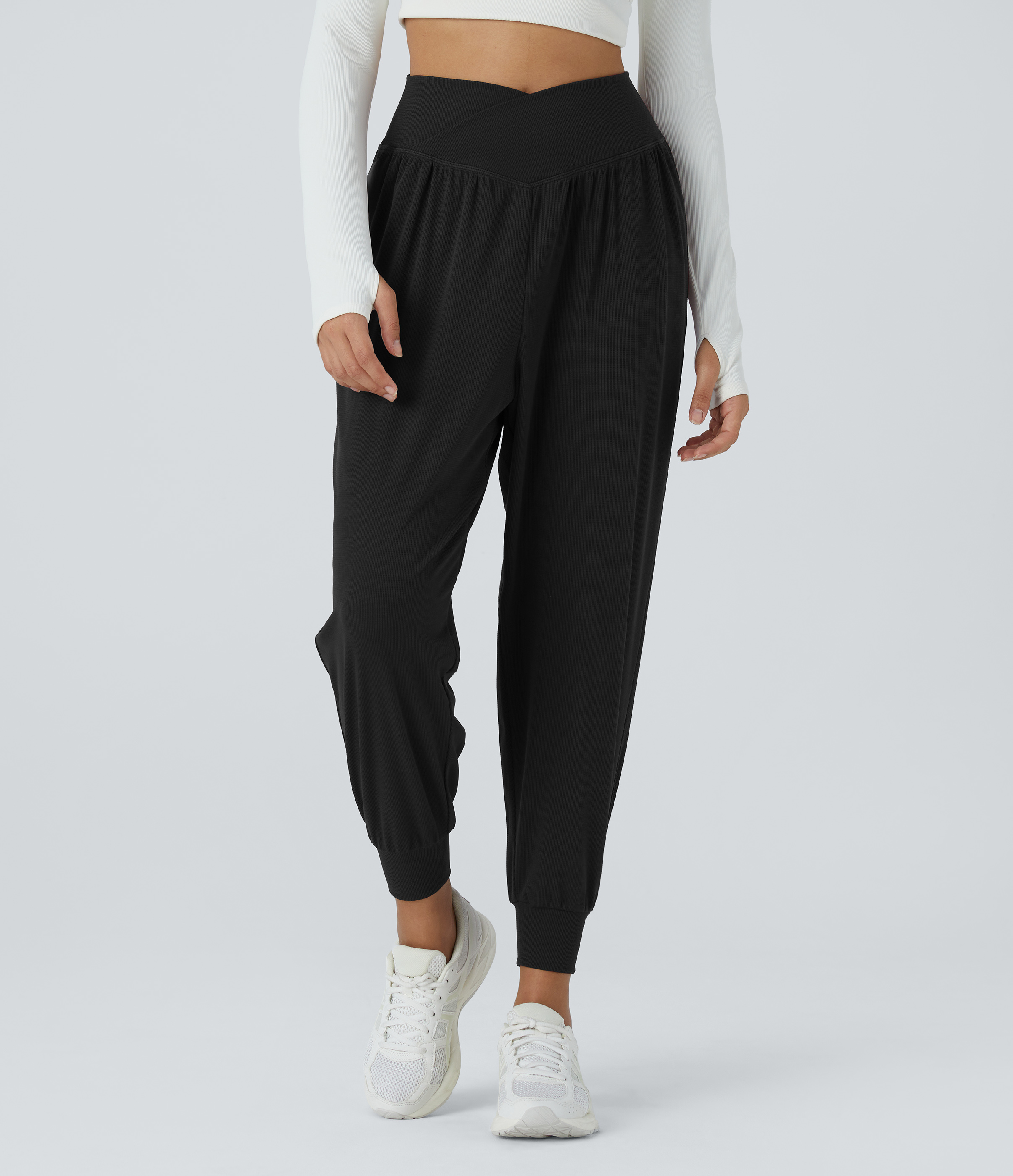 Halara High Waisted Crossover Plicated Side Pocket Waffle Yoga Joggers  - Black - L(regular) 