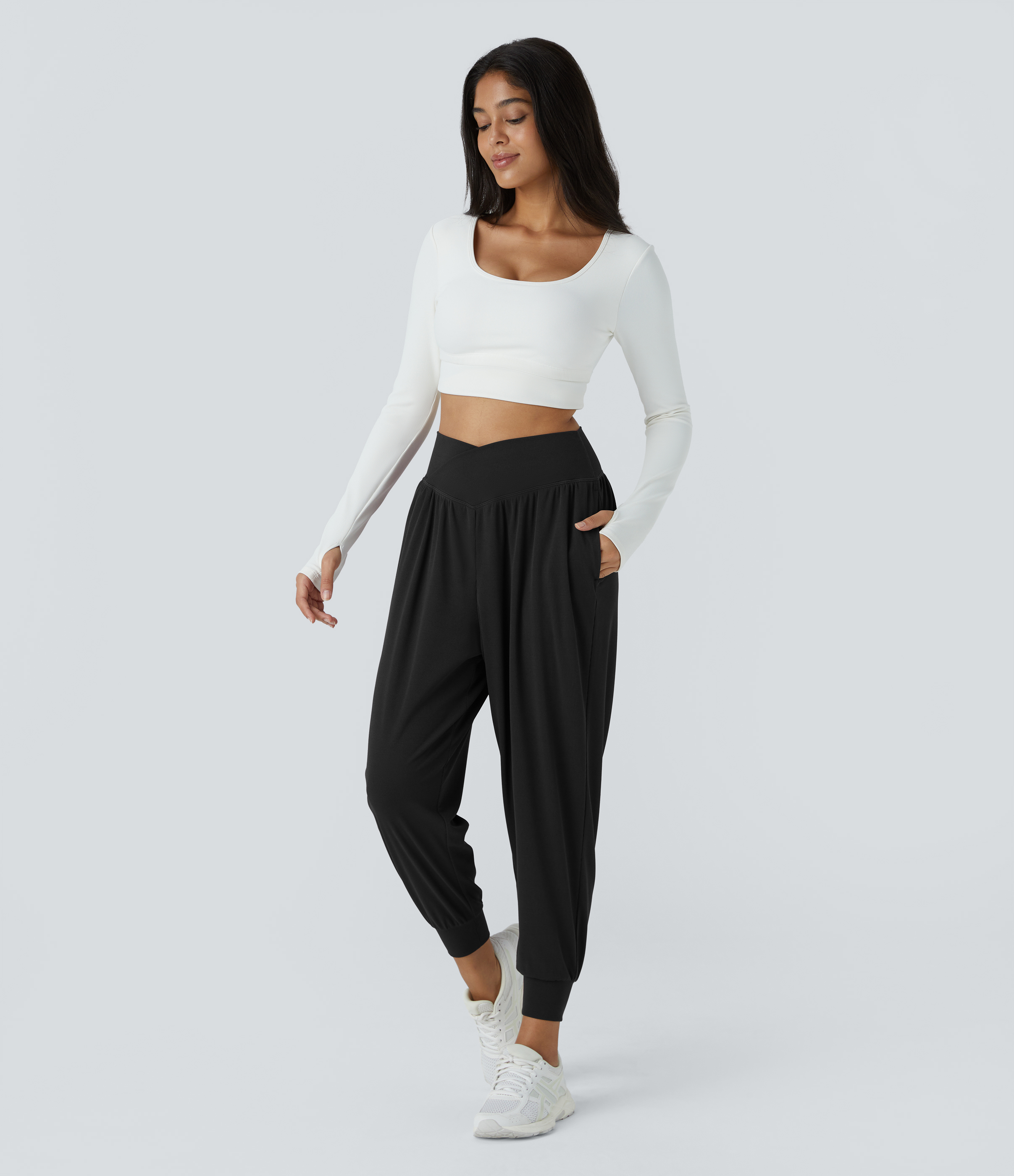 Halara High Waisted Crossover Plicated Side Pocket Waffle Yoga Joggers  - Black - L(regular) 