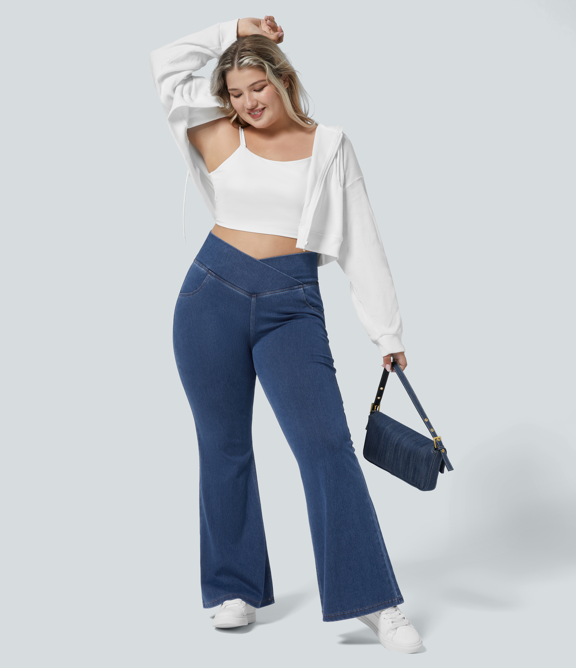 Halara HalaraMagicв„ў Jeans High Waisted Crossover Pocket Washed Stretchy Knit Denim Casual Plus Size Super Flare Pants  - Washed Denim Lake Blue - 4X(regular) 