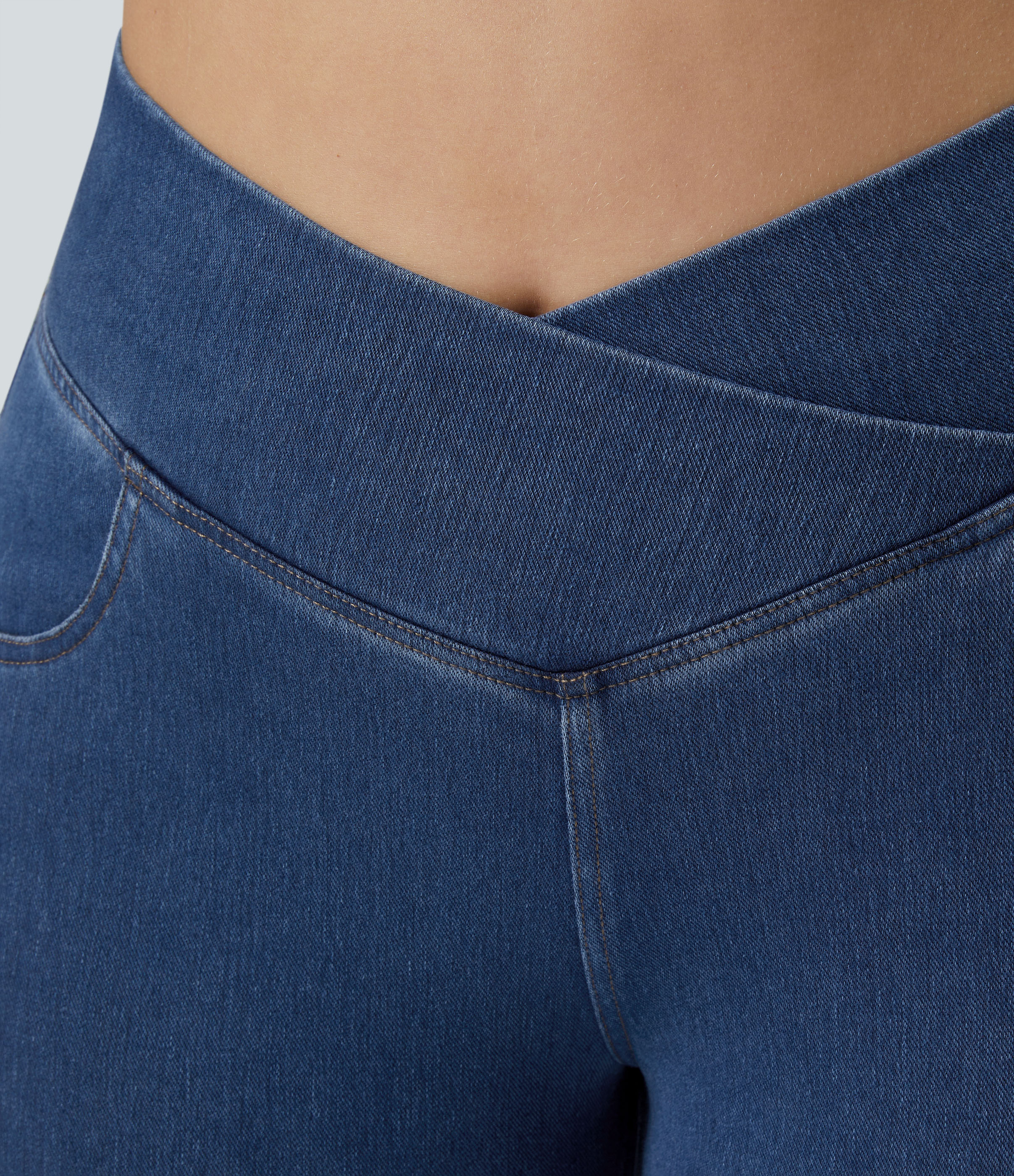 Halara HalaraMagicв„ў Jeans High Waisted Crossover Pocket Washed Stretchy Knit Denim Casual Plus Size Super Flare Pants  - Washed Denim Lake Blue - 4X(regular) 