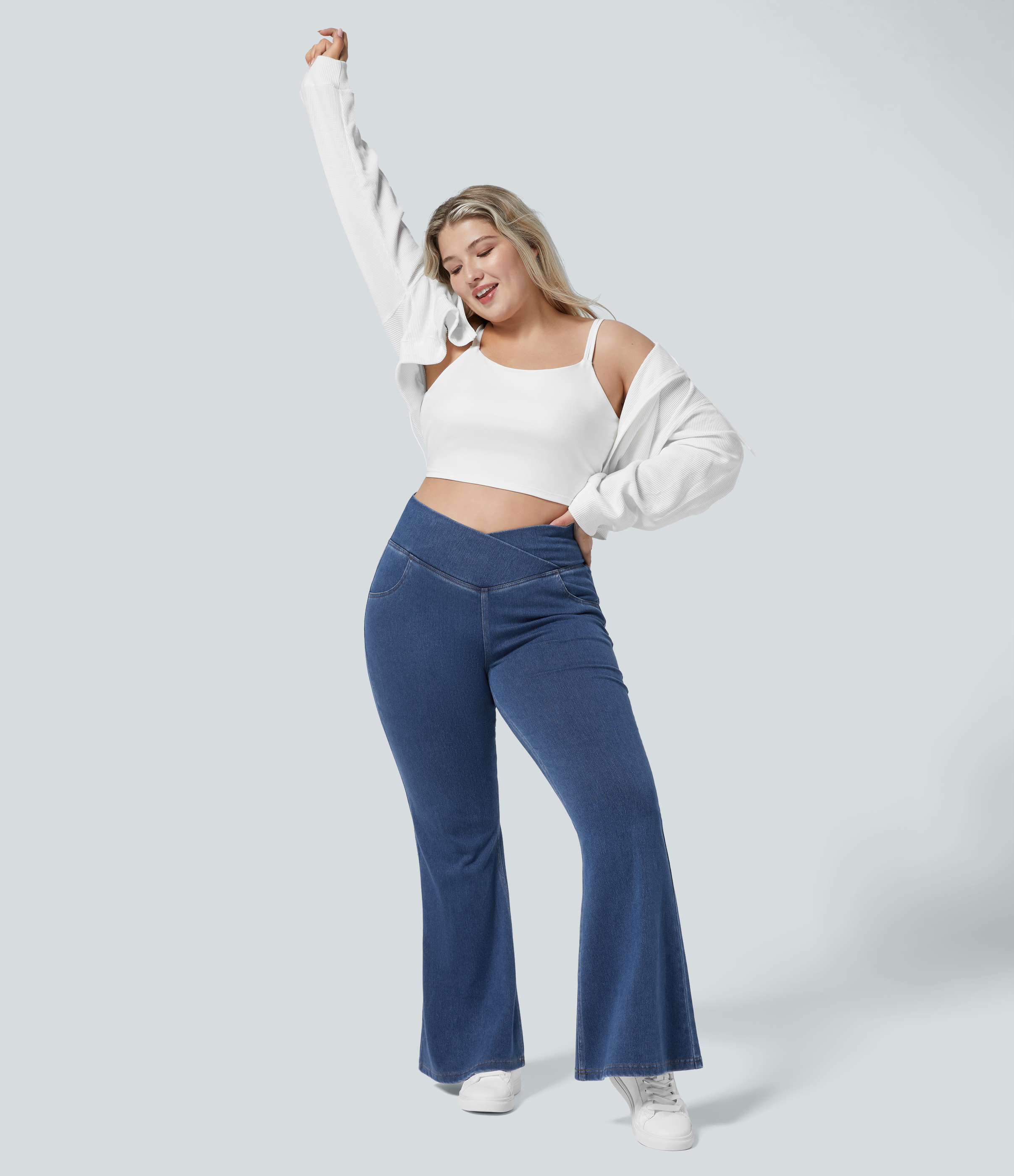 Halara HalaraMagicв„ў Jeans High Waisted Crossover Pocket Washed Stretchy Knit Denim Casual Plus Size Super Flare Pants  - Washed Denim Lake Blue - 4X(regular) 