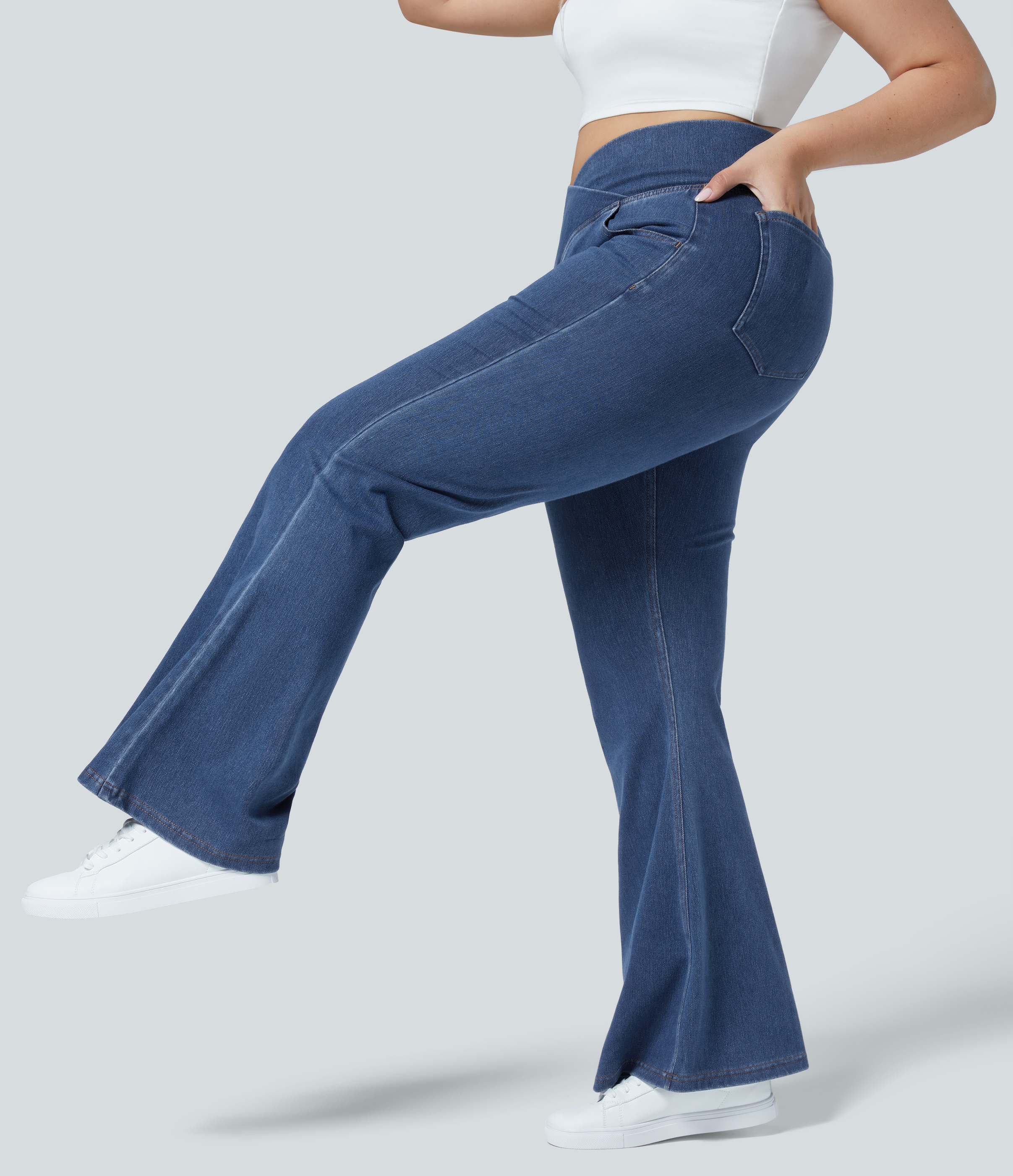Halara HalaraMagicв„ў Jeans High Waisted Crossover Pocket Washed Stretchy Knit Denim Casual Plus Size Super Flare Pants  - Washed Denim Lake Blue - 4X(regular) 