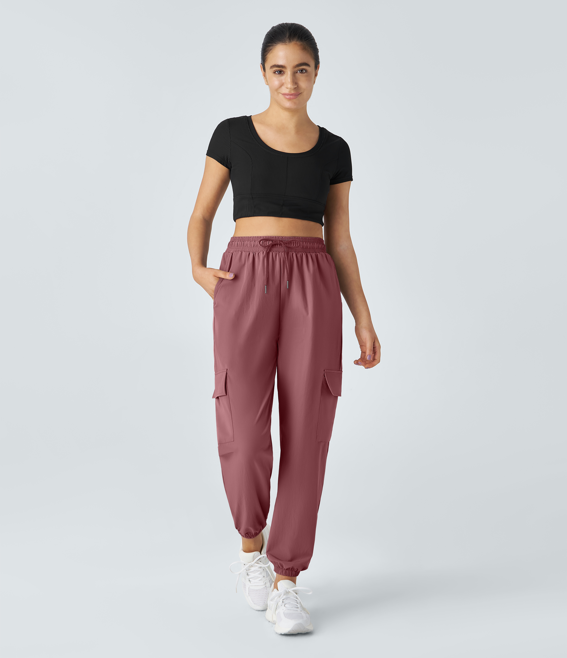 Halara Mid Rise Drawstring Side Pocket Casual Cargo Joggers  - Deco Rose - XS 
