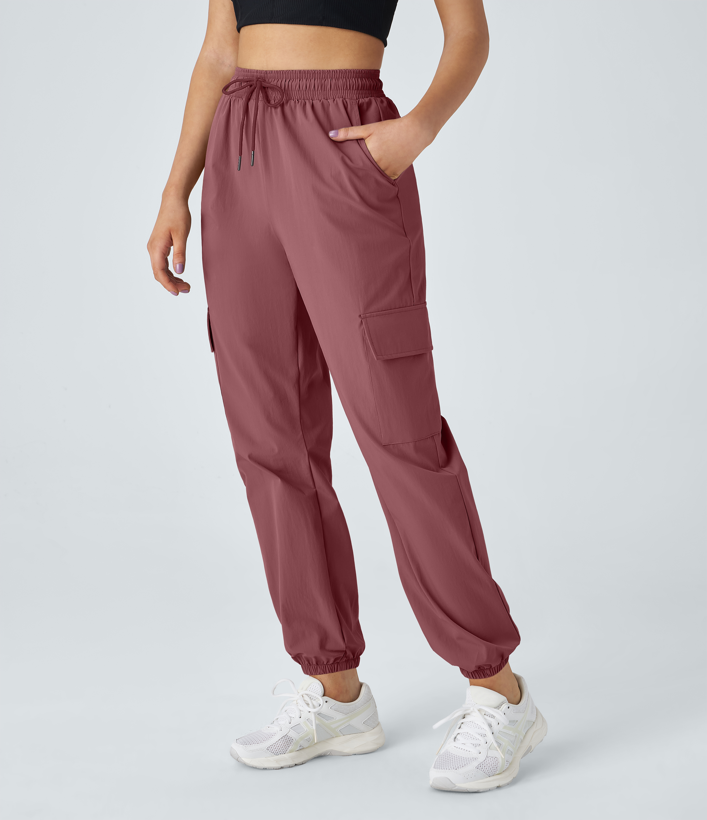 Halara Mid Rise Drawstring Side Pocket Casual Cargo Joggers  - Deco Rose - XS 