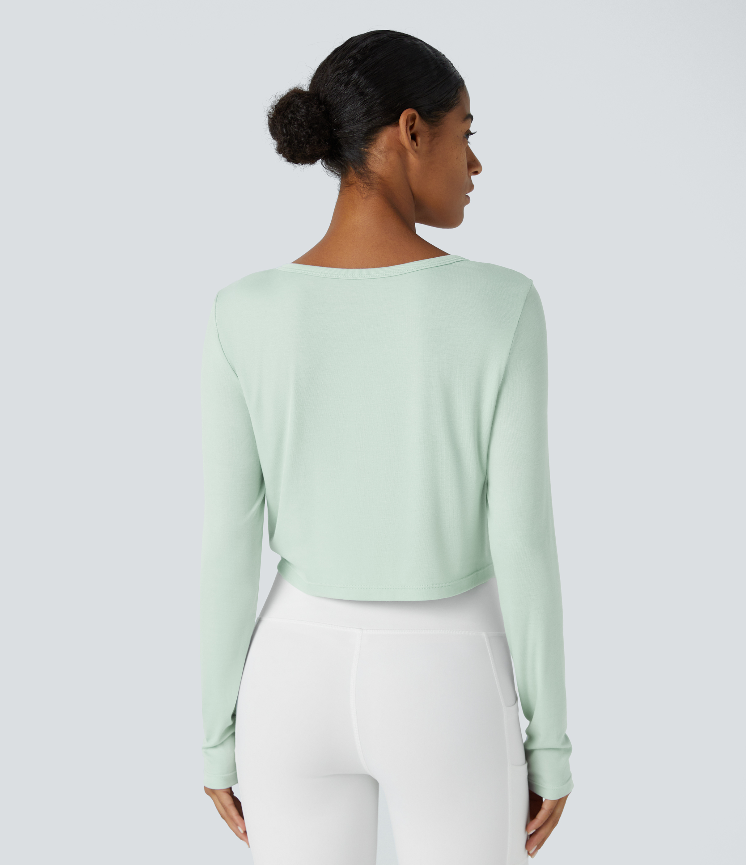 Halara Ribbed Round Neck Long Sleeve Crossover Hem Button Solid Yoga Sports Top  - Fairest Jade - L 