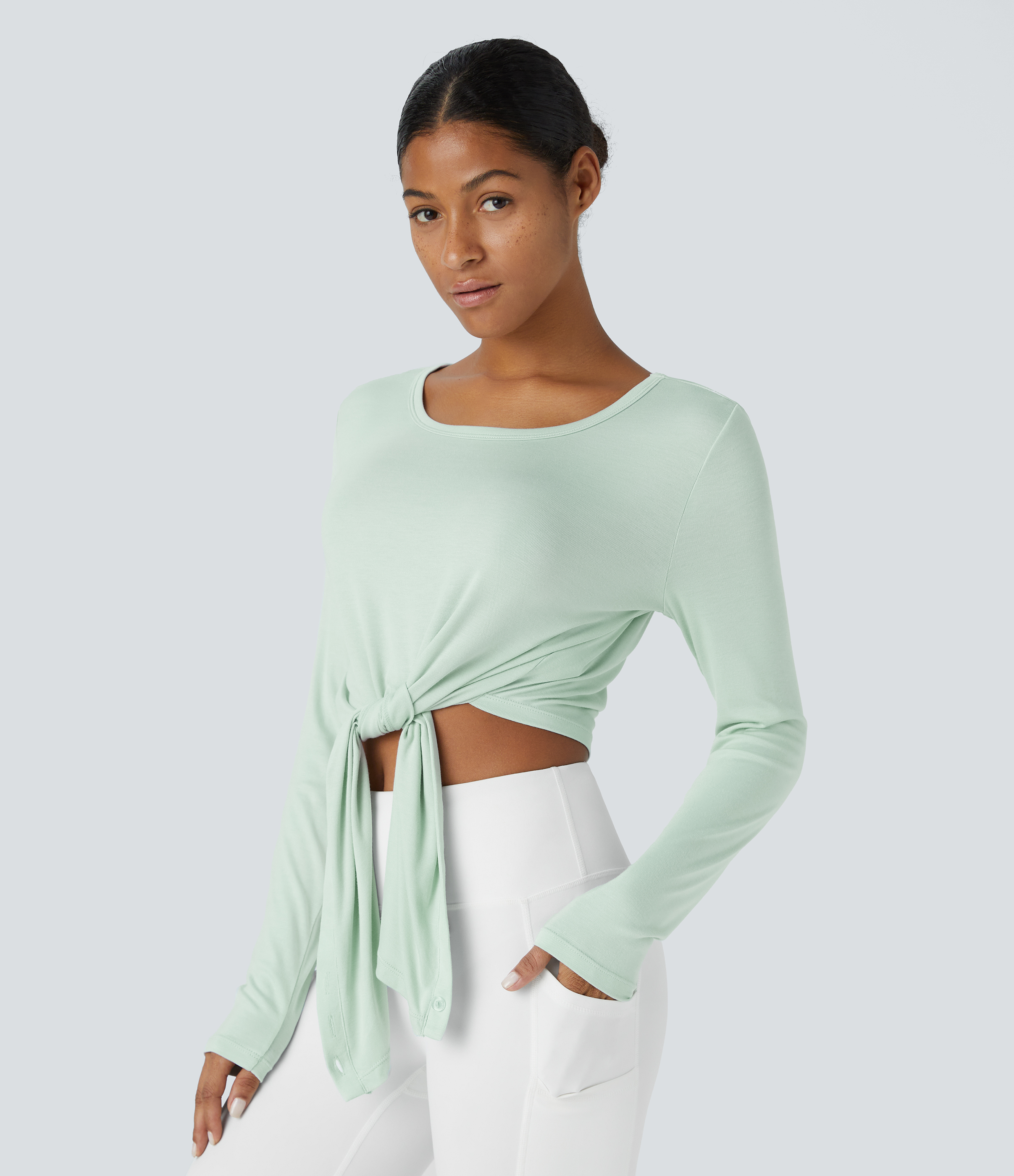 Halara Ribbed Round Neck Long Sleeve Crossover Hem Button Solid Yoga Sports Top  - Fairest Jade - L 