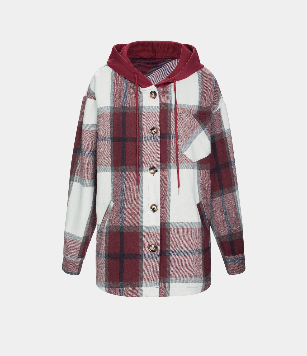 Halara Hooded Drawstring Button Side Pocket Plaid Fleece Casual Jacket  - Wine Red Square - M 