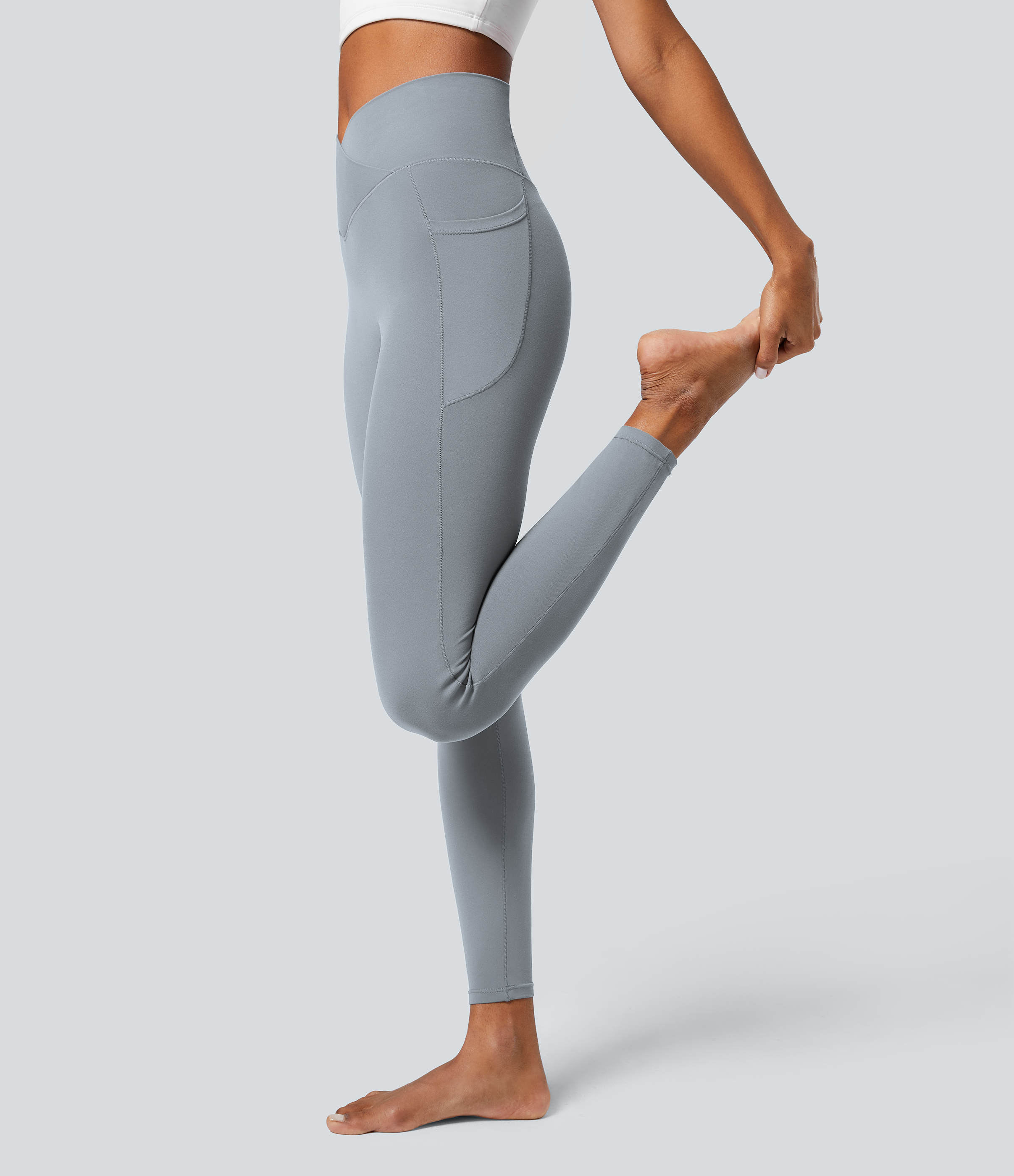 Halara Softlyzeroв„ў Crossover Pocket Plain Leggings-UPF50+  - Quarry - M(7/8) gym leggings leggings with pockets leggings with butt lift 