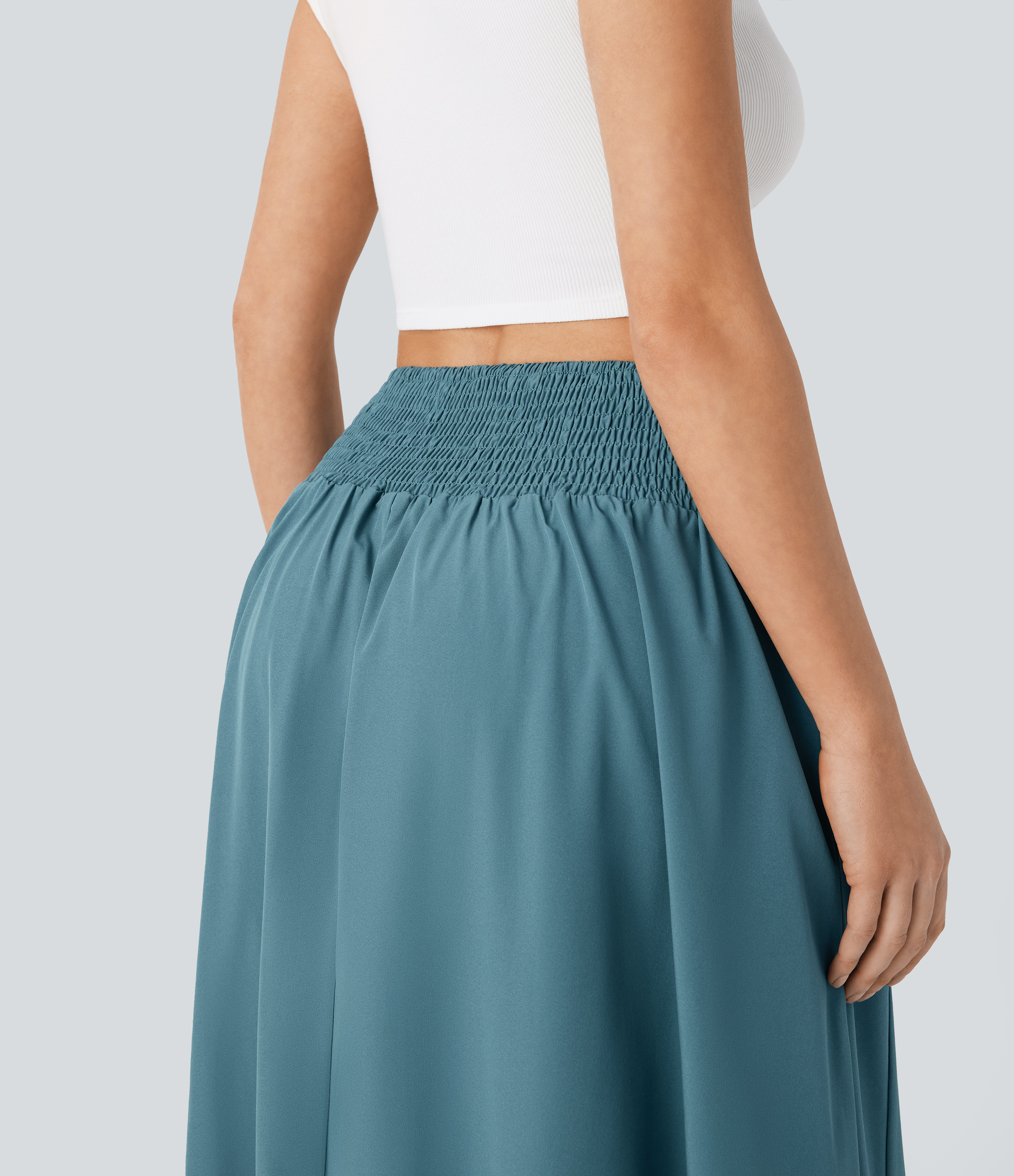 Halara High Waisted Decorative Button Side Pocket Shirred Flowy Maxi Resort Skirt  - Shadow Blue - XS(regular) 
