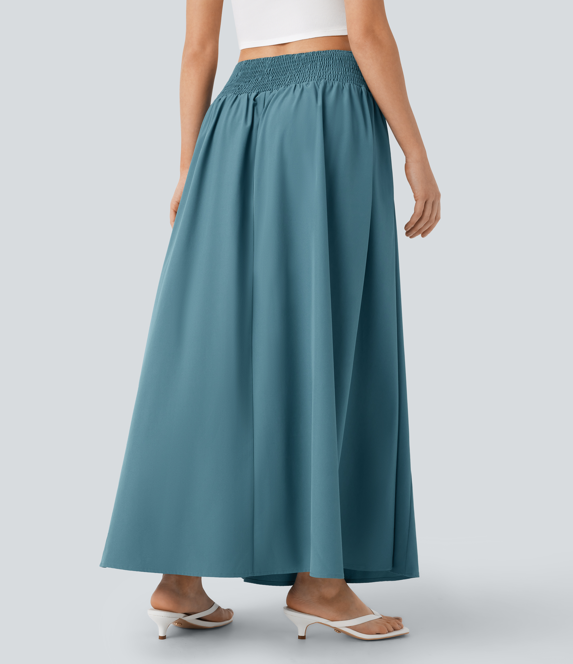 Halara High Waisted Decorative Button Side Pocket Shirred Flowy Maxi Resort Skirt  - Shadow Blue - XS(regular) 