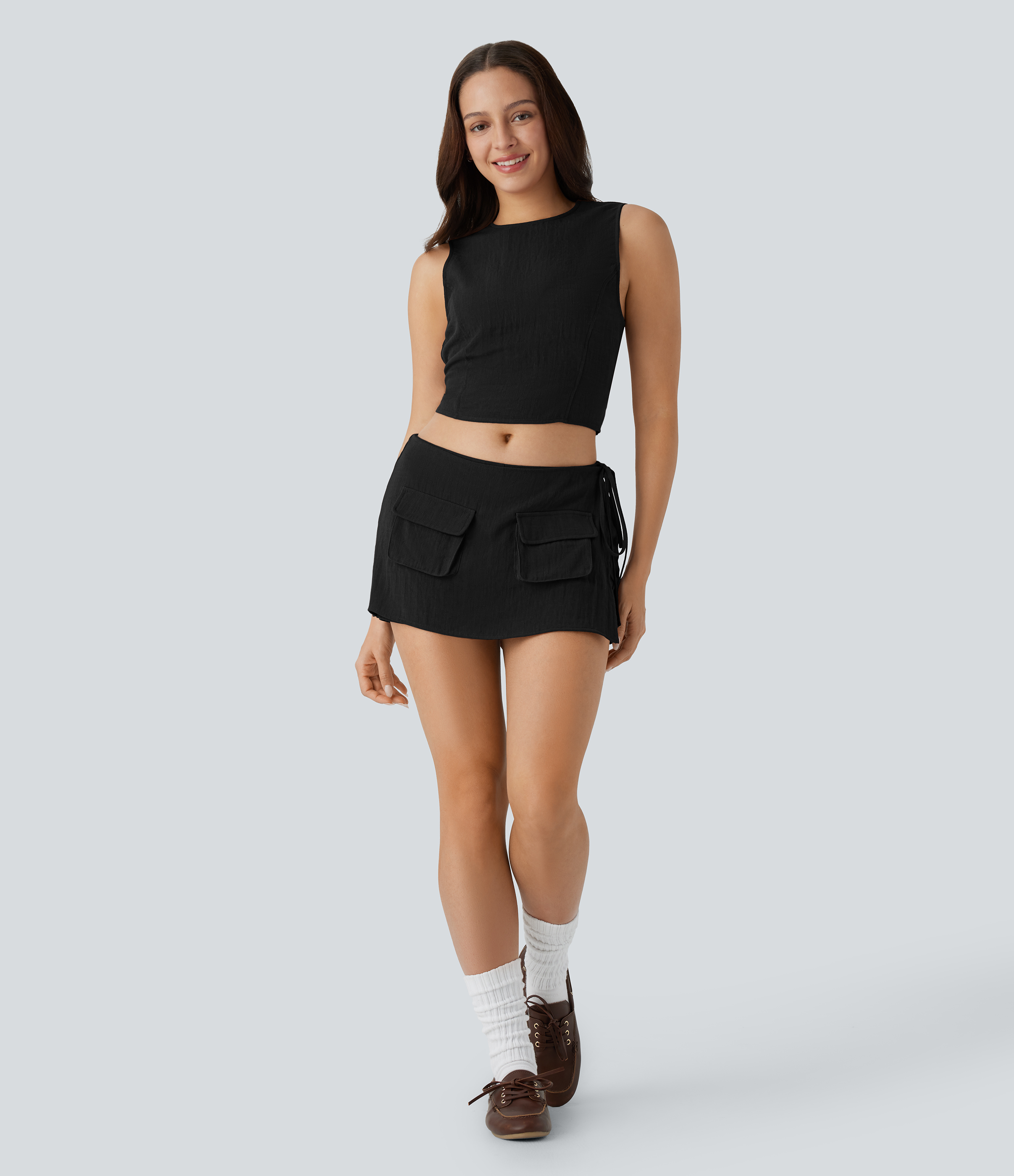 Halara Low Rise Wrap Tie Side Invisible Zipper Flap Pocket 2-in-1 Mini Casual Linen-Feel Skirt  - Black - XS(regular) 