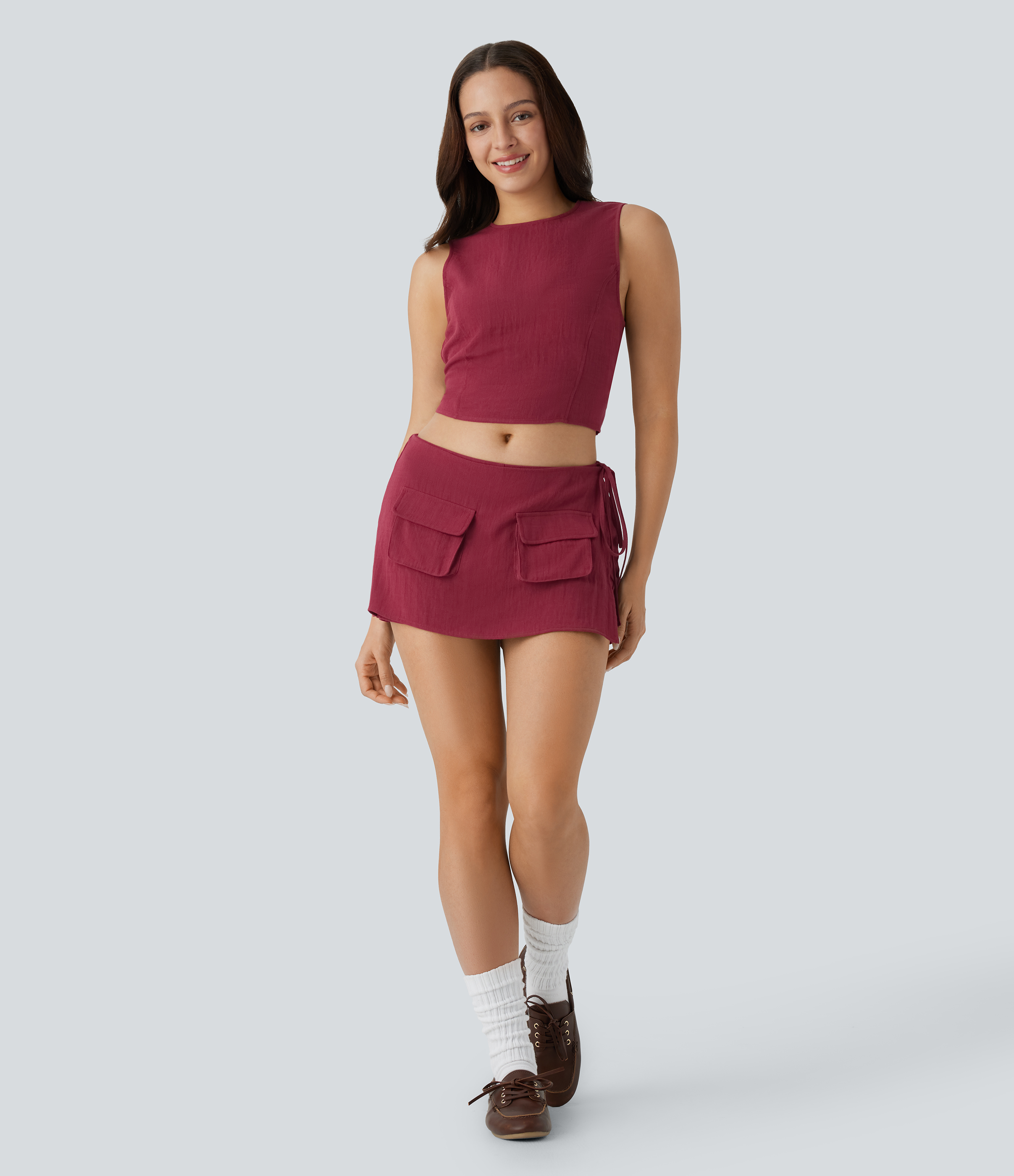 Halara Low Rise Wrap Tie Side Invisible Zipper Flap Pocket 2-in-1 Mini Casual Linen-Feel Skirt  - Biking Red - L(regular) 