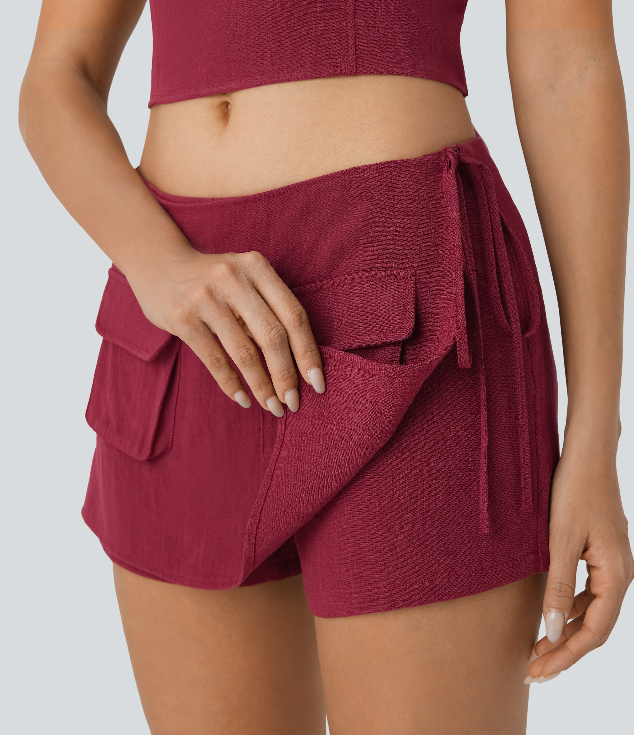 Halara Low Rise Wrap Tie Side Invisible Zipper Flap Pocket 2-in-1 Mini Casual Linen-Feel Skirt  - Biking Red - L(regular) 