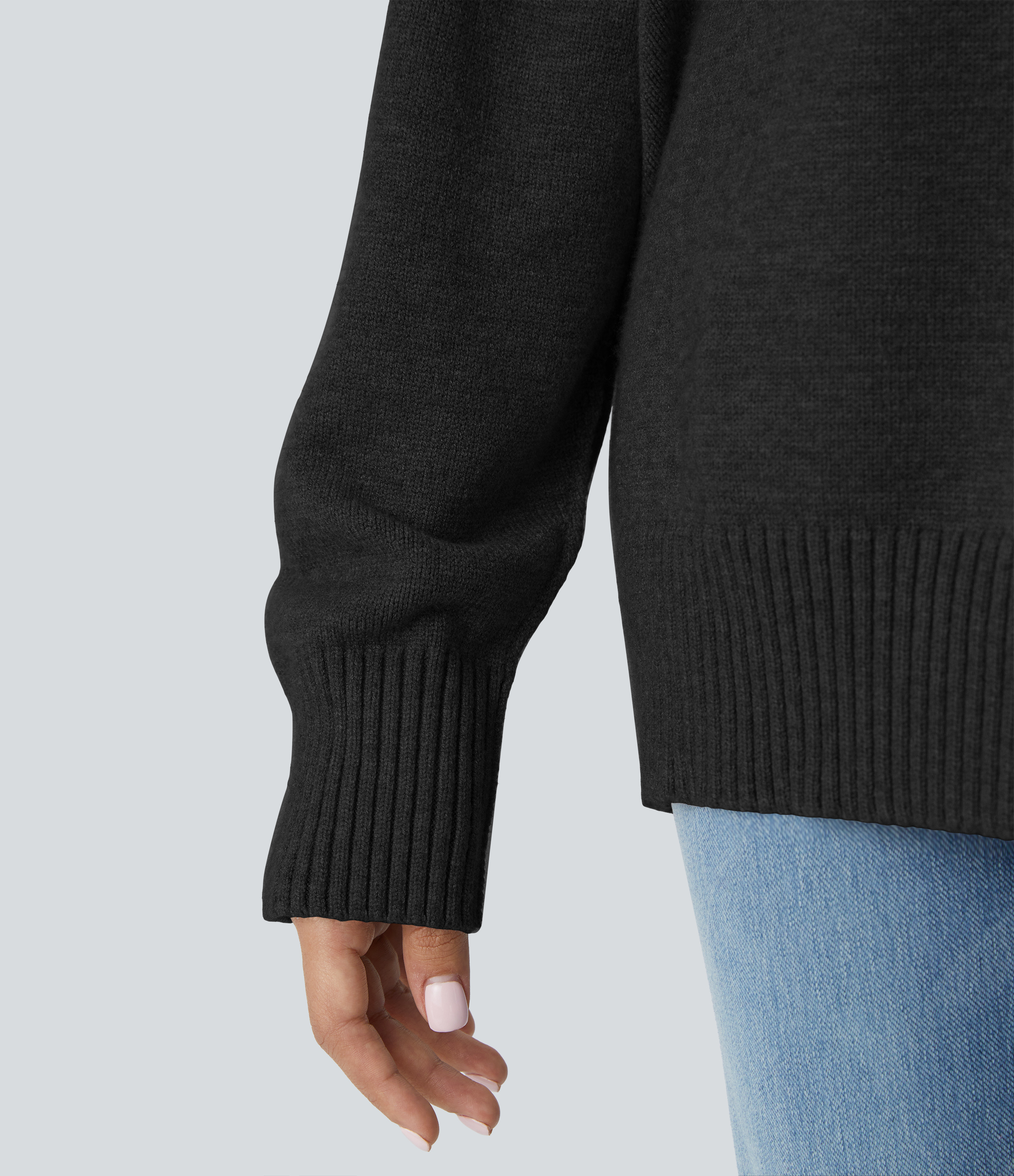 Halara Round Neck Dropped Shoulder Long Sleeve Casual Sweater  - Black - XS 