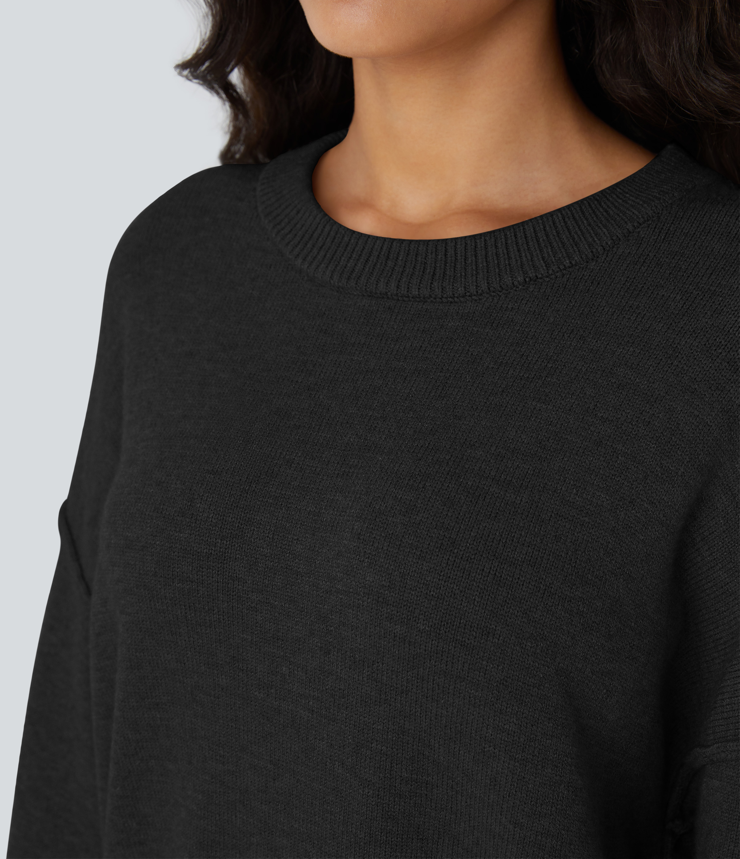 Halara Round Neck Dropped Shoulder Long Sleeve Casual Sweater  - Black - XS 