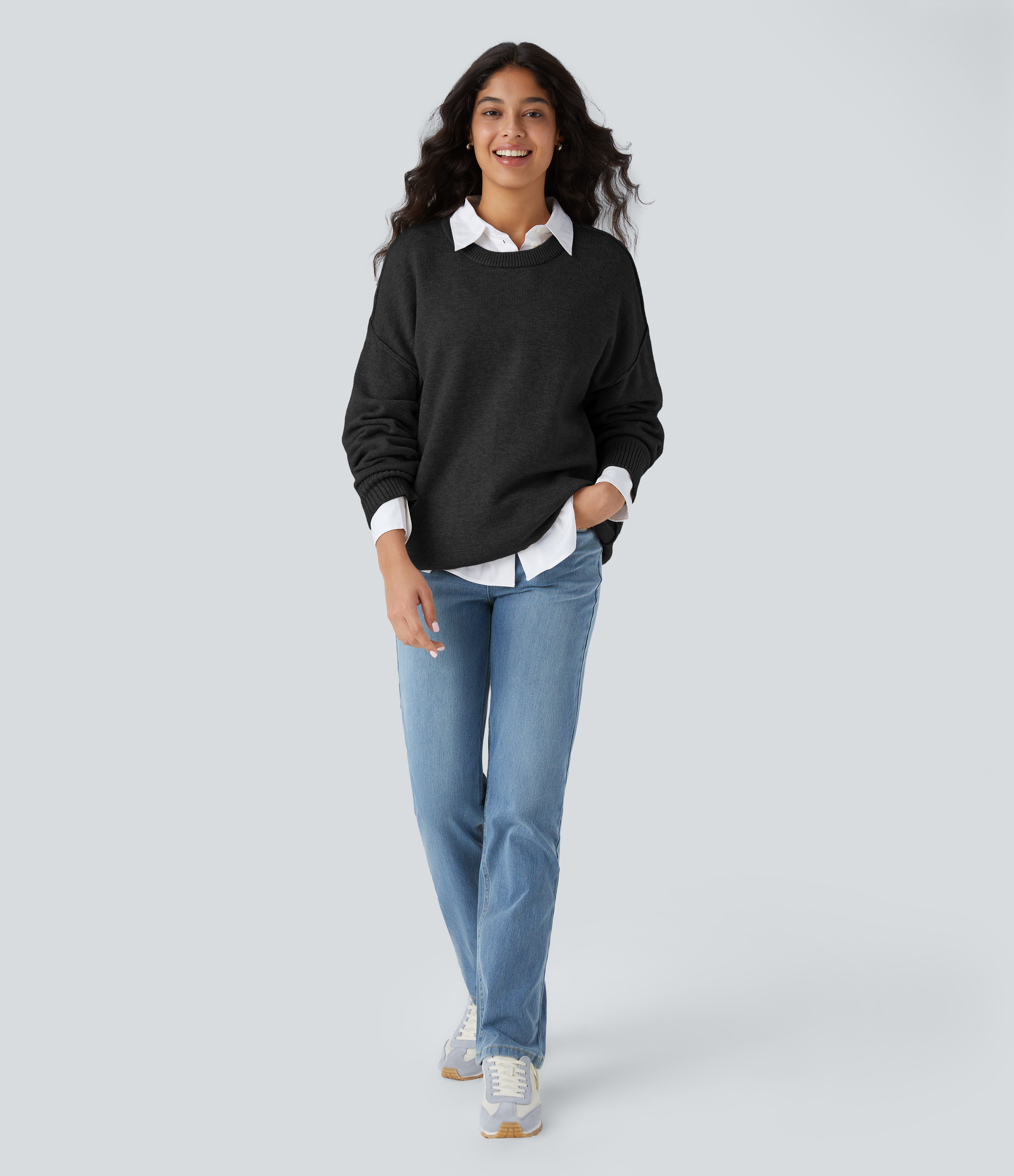 Halara Round Neck Dropped Shoulder Long Sleeve Casual Sweater  - Black - XS 