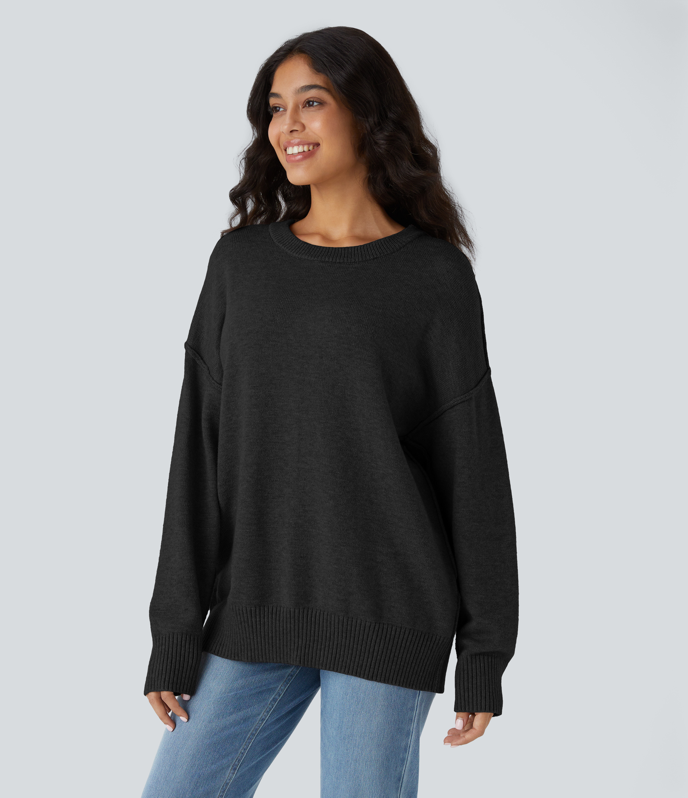 Halara Round Neck Dropped Shoulder Long Sleeve Casual Sweater  - Black - XS 
