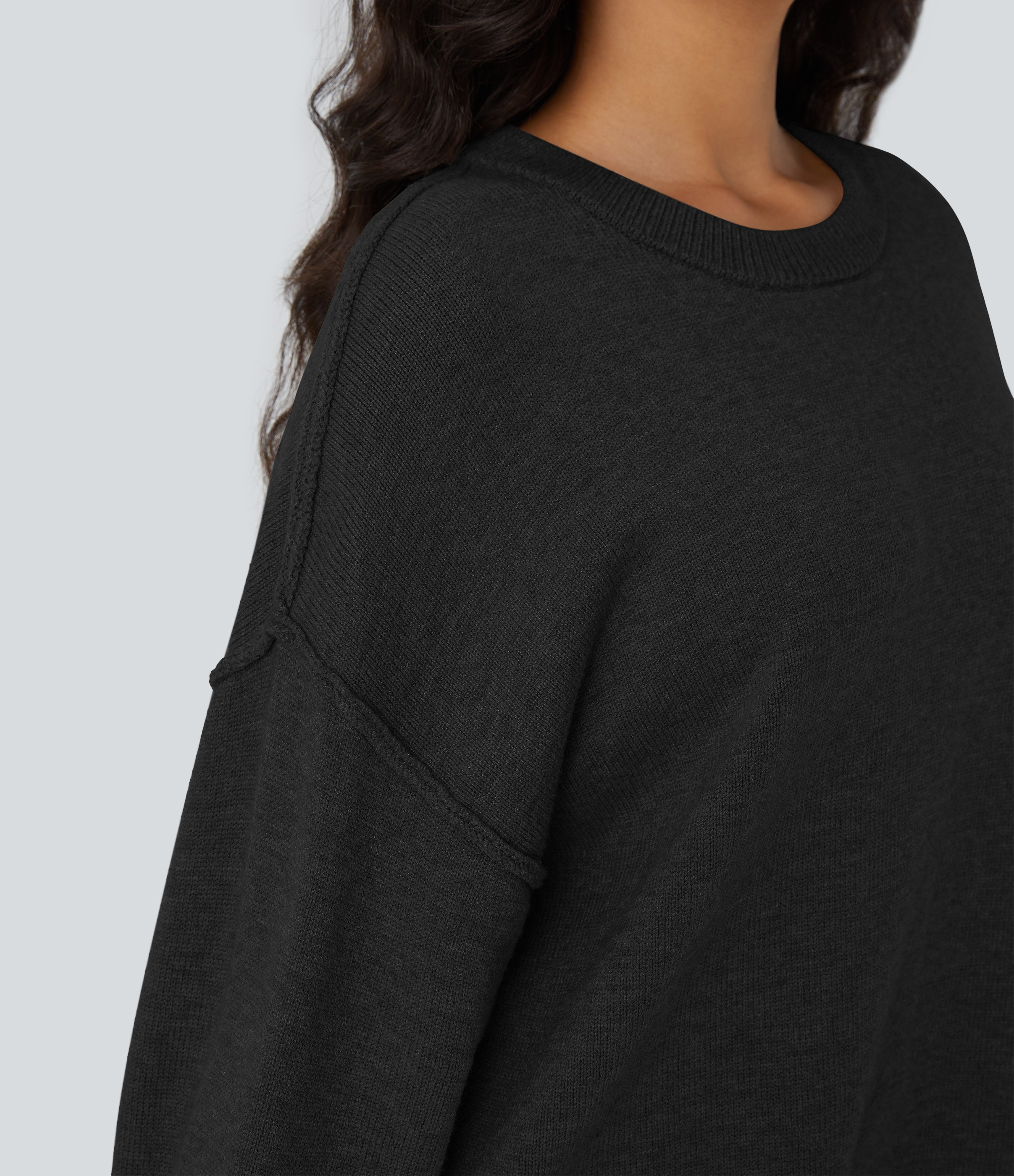 Halara Round Neck Dropped Shoulder Long Sleeve Casual Sweater  - Black - XS 