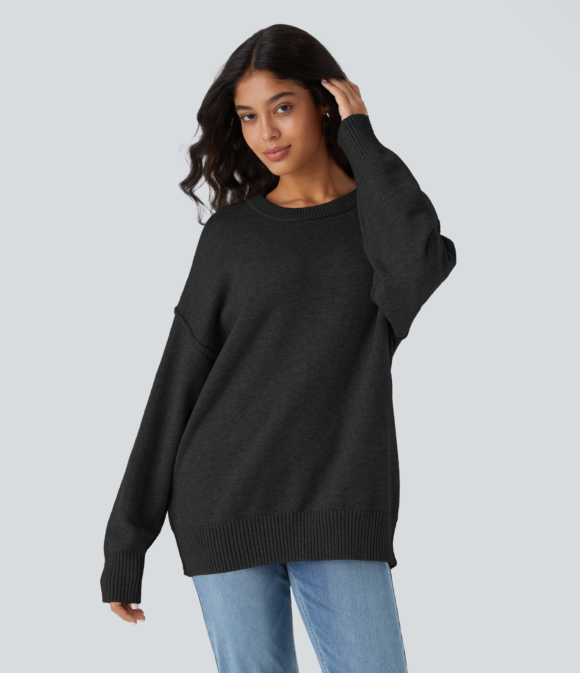 Halara Round Neck Dropped Shoulder Long Sleeve Casual Sweater  - Black - XS 