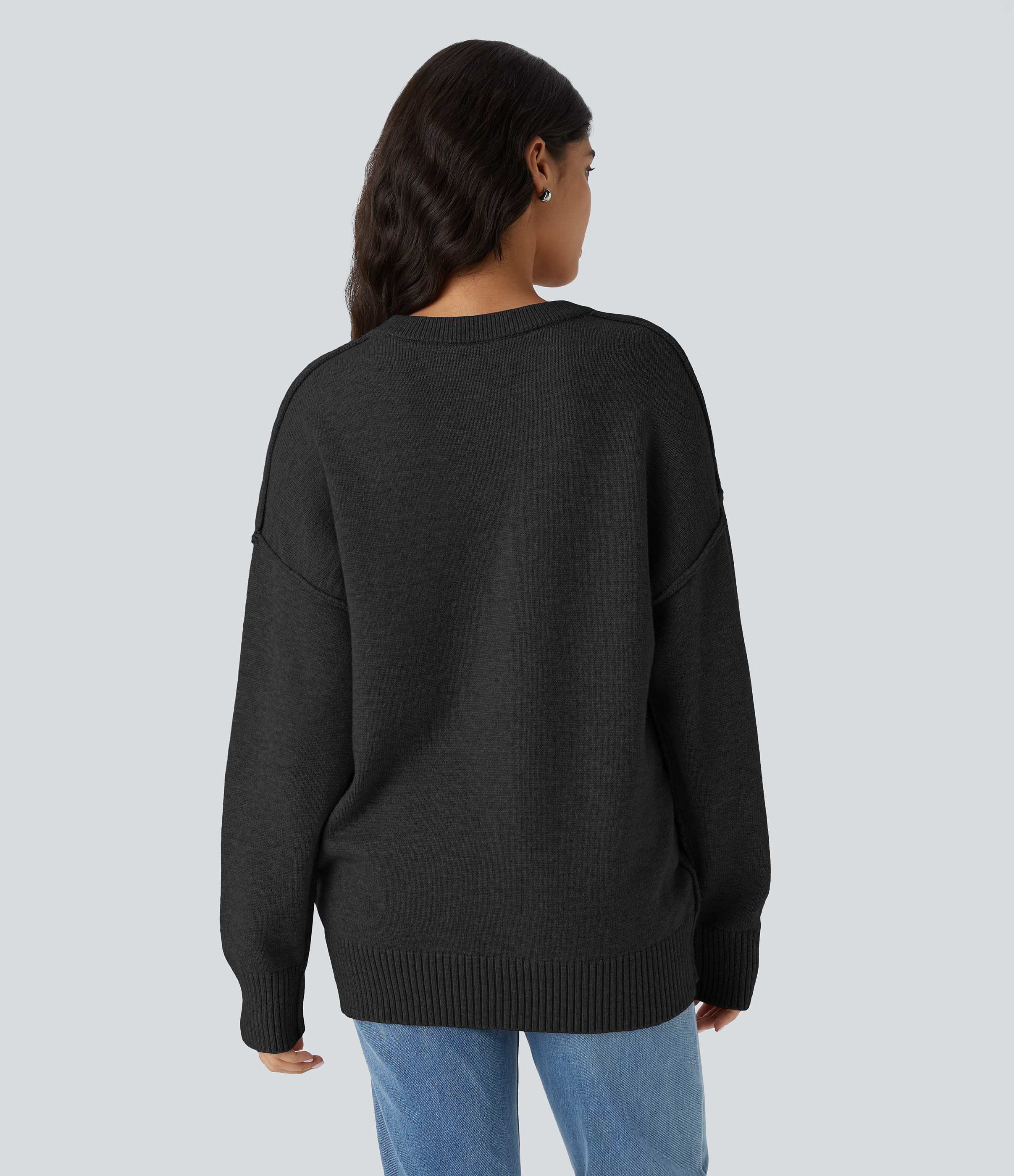 Halara Round Neck Dropped Shoulder Long Sleeve Casual Sweater  - Black - XS 