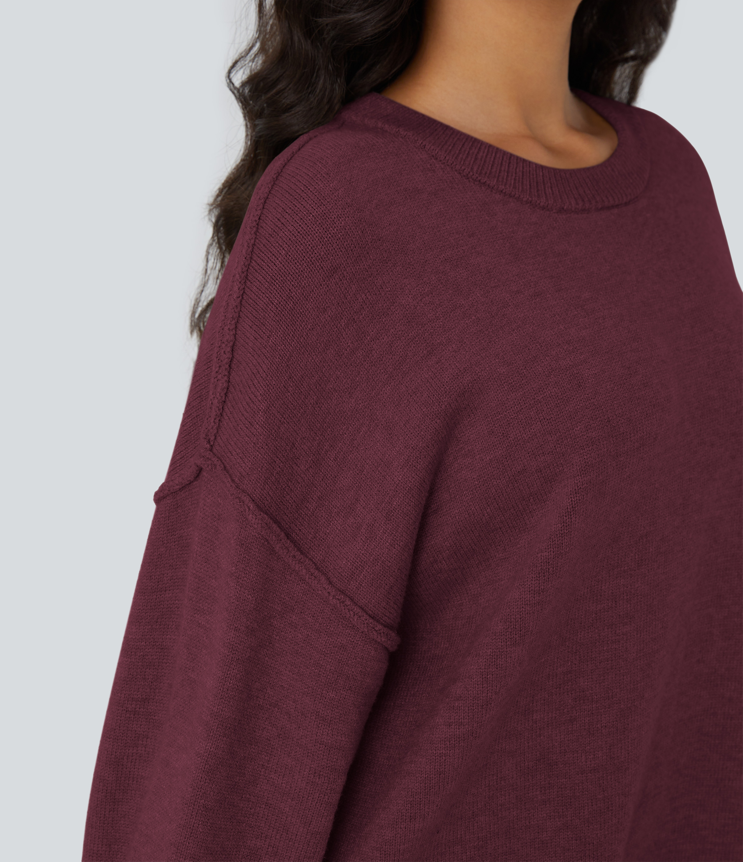 Halara Round Neck Dropped Shoulder Long Sleeve Casual Sweater  - Red Violet - S 