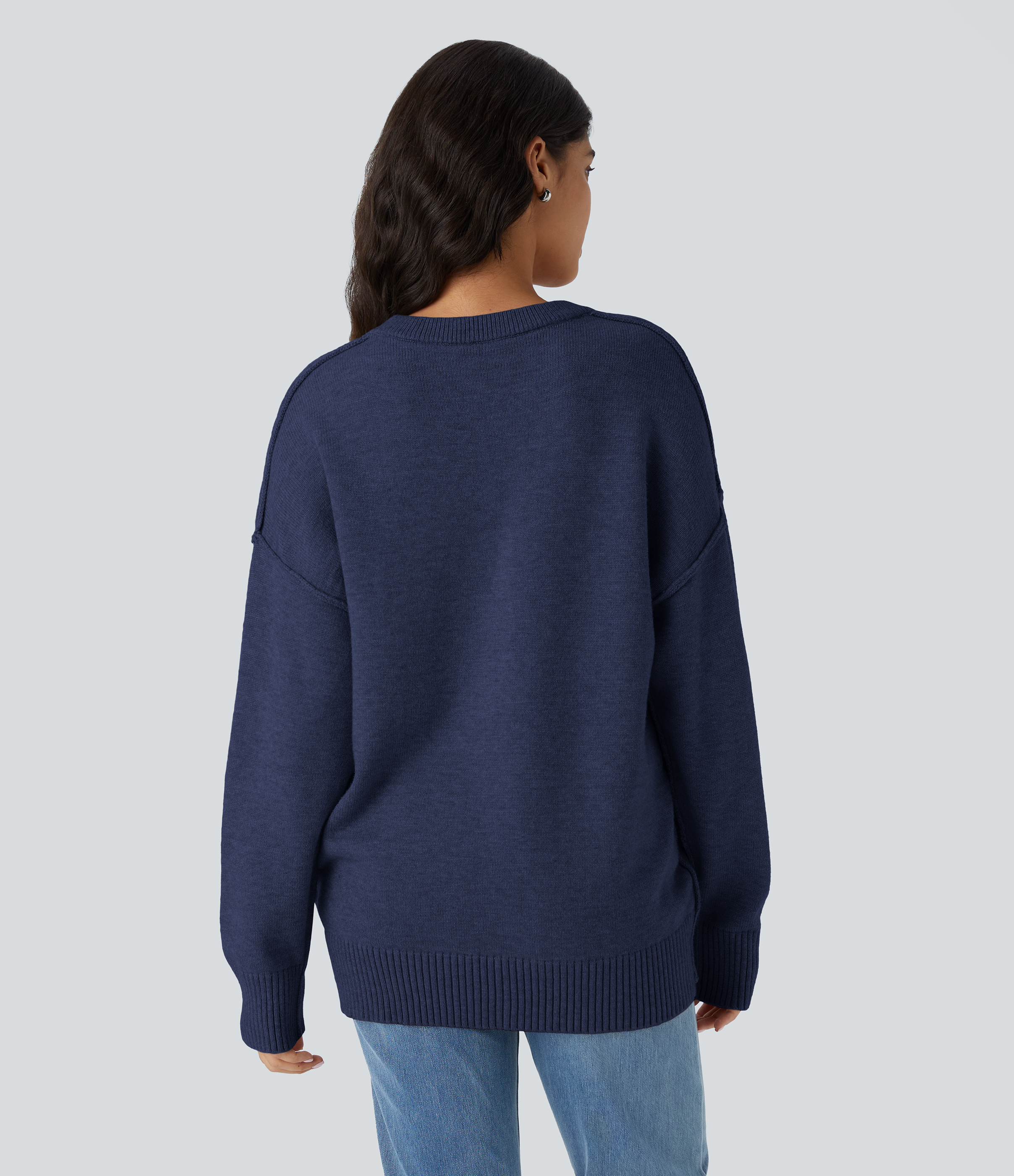 Halara Round Neck Dropped Shoulder Long Sleeve Casual Sweater  - Dark Blue - XS 