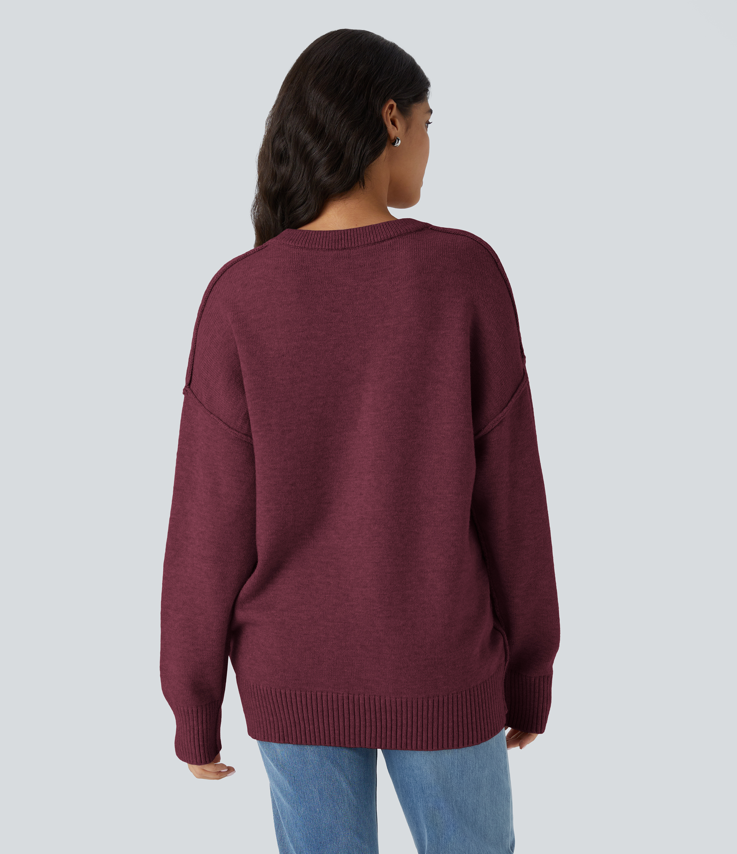Halara Round Neck Dropped Shoulder Long Sleeve Casual Sweater  - Red Violet - S 