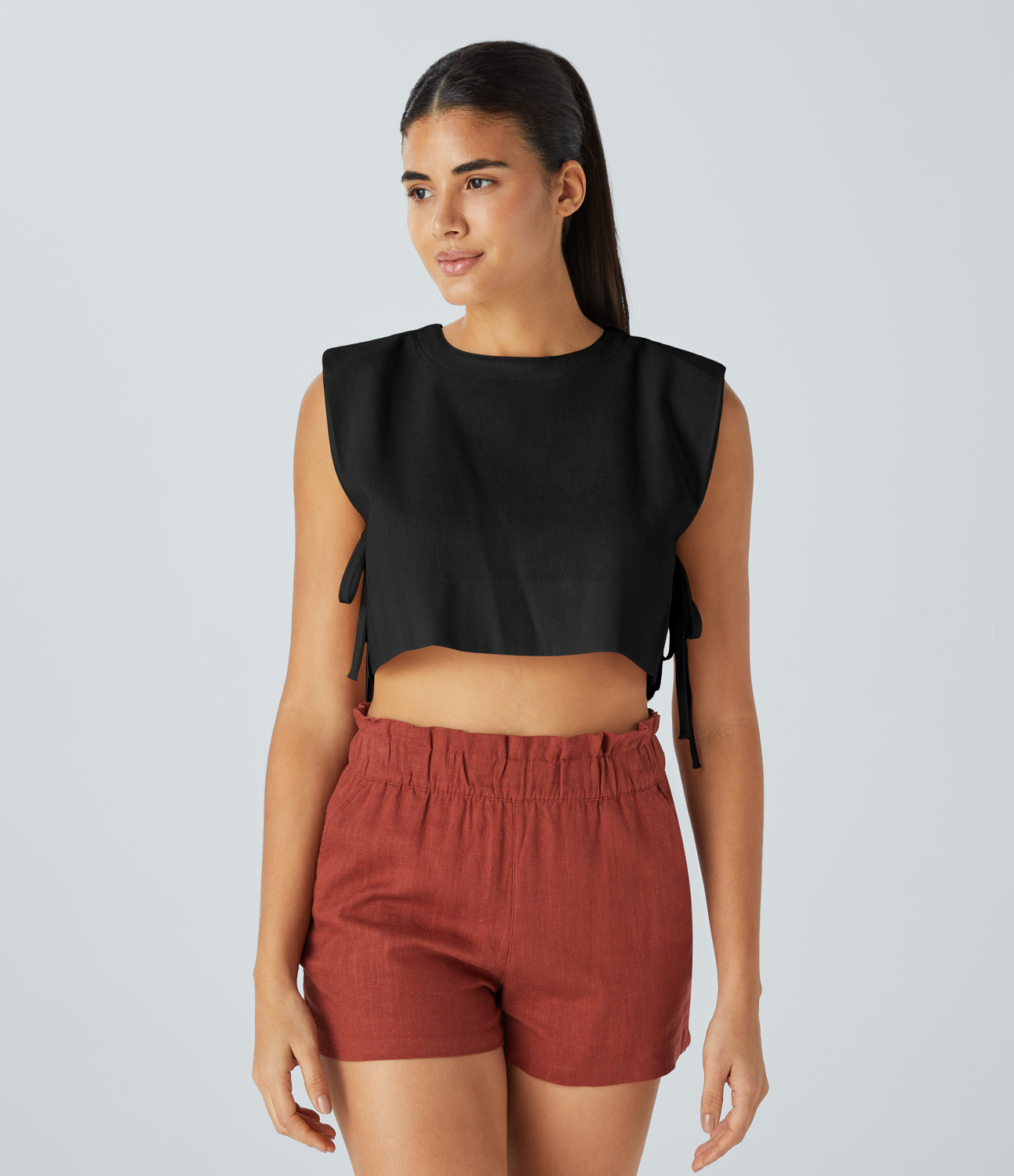 Halara Shoulder Pads Keyhole Back Tie Side Cropped Linen-Blend Resort Vest Tank Top - Black - XL golf tops halter top tunic tops 