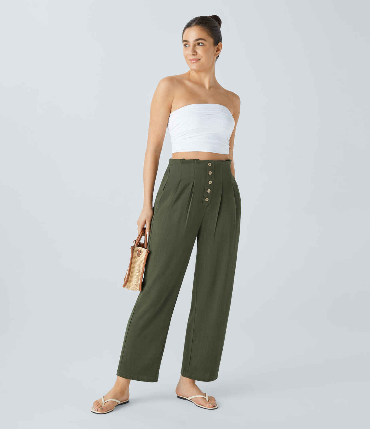 Halara  Paper Bag Waist Decorative Button Side Pocket Linen-Blend Resort Tapered Pants  - Beachgrass Green - S(regular) sweatpants 