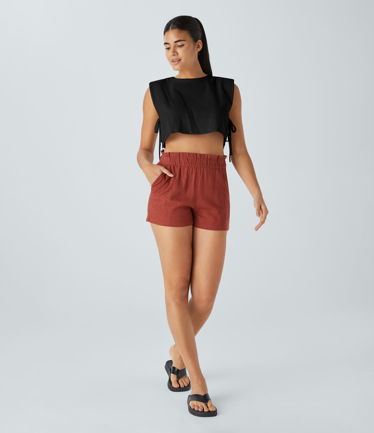 Halara Shoulder Pads Keyhole Back Tie Side Cropped Linen-Blend Resort Vest Tank Top - Black - XL golf tops halter top tunic tops 