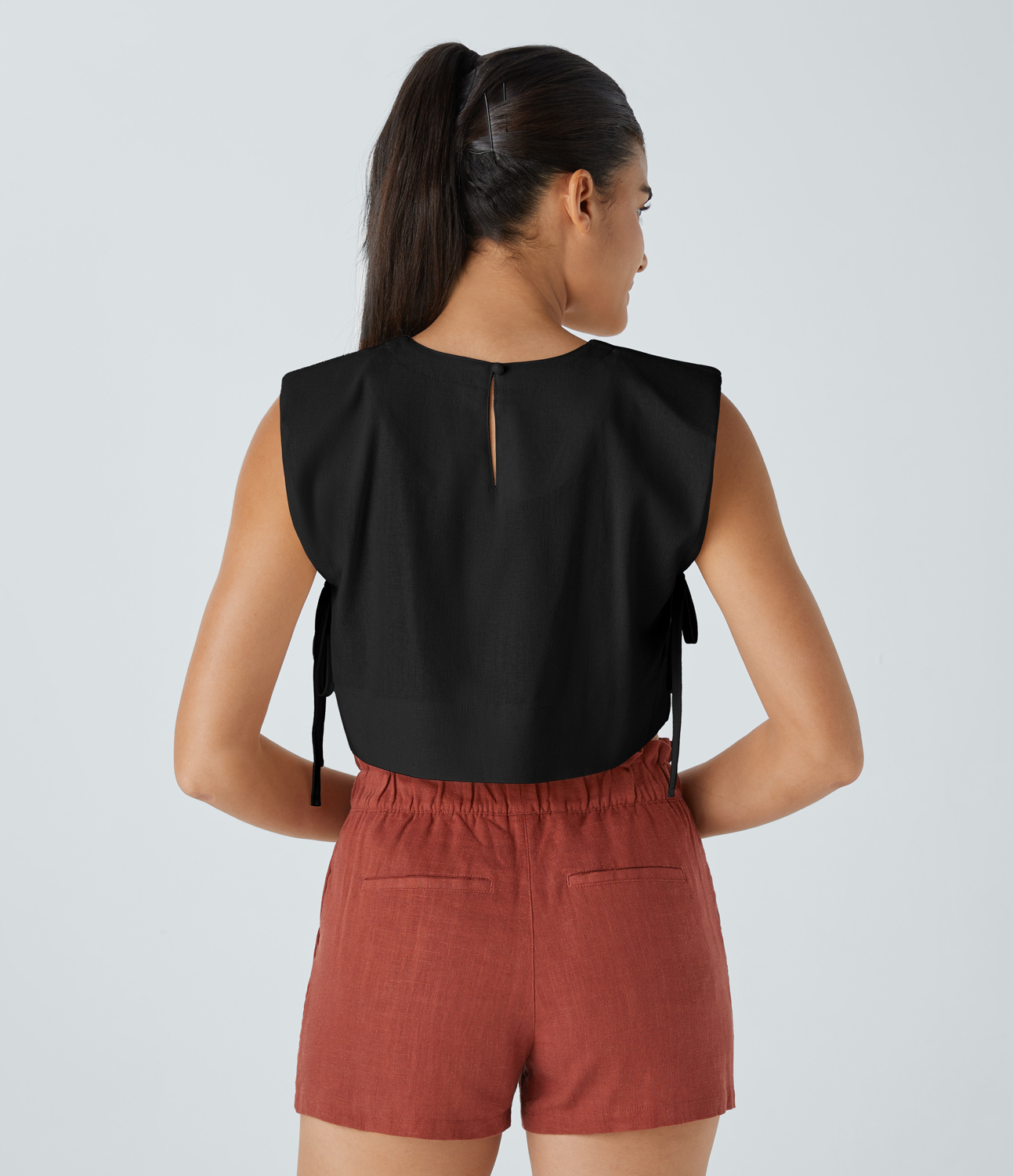 Halara Shoulder Pads Keyhole Back Tie Side Cropped Linen-Blend Resort Vest Tank Top - Black - XL golf tops halter top tunic tops 