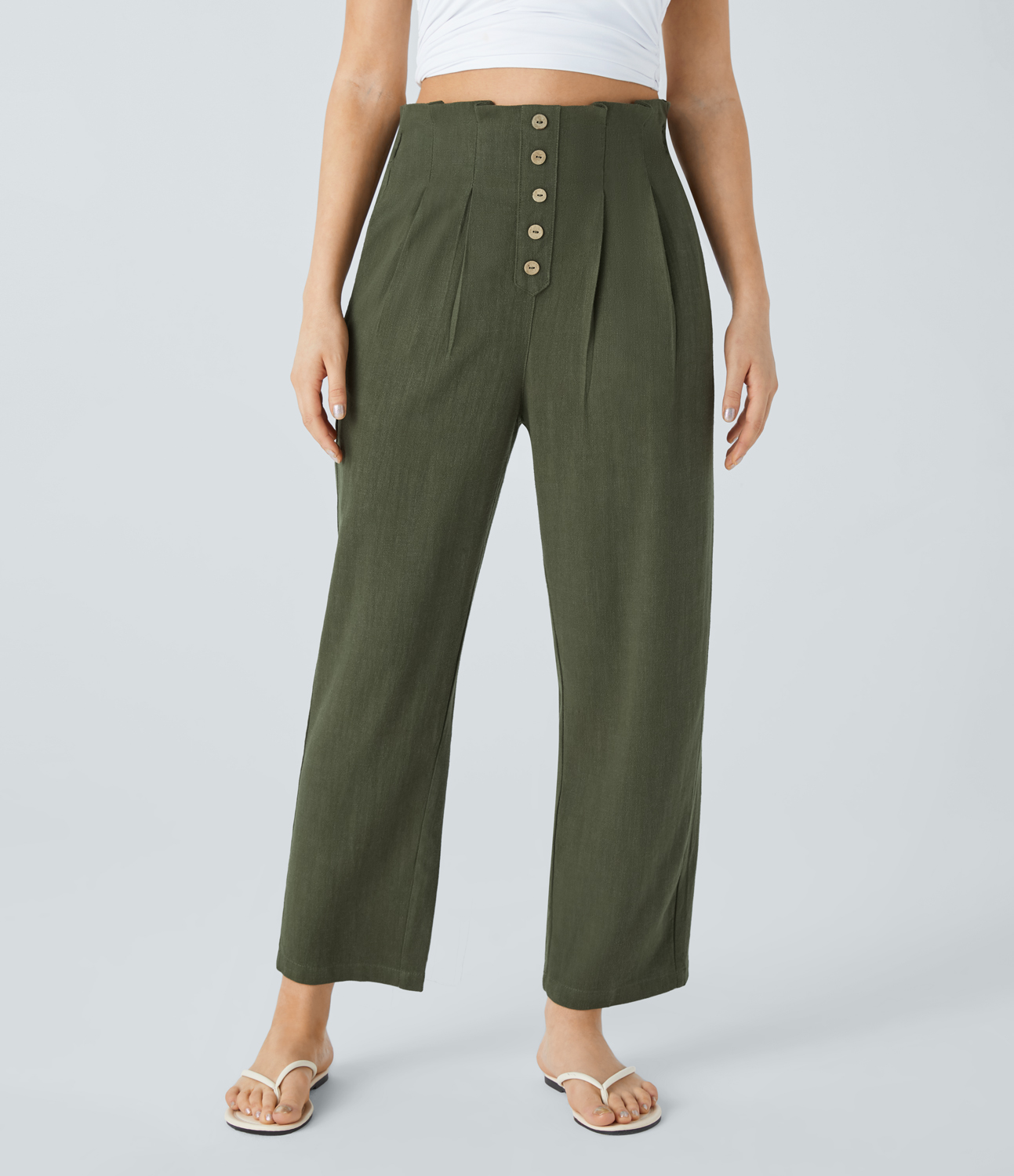 Halara  Paper Bag Waist Decorative Button Side Pocket Linen-Blend Resort Tapered Pants  - Beachgrass Green - S(regular) sweatpants 